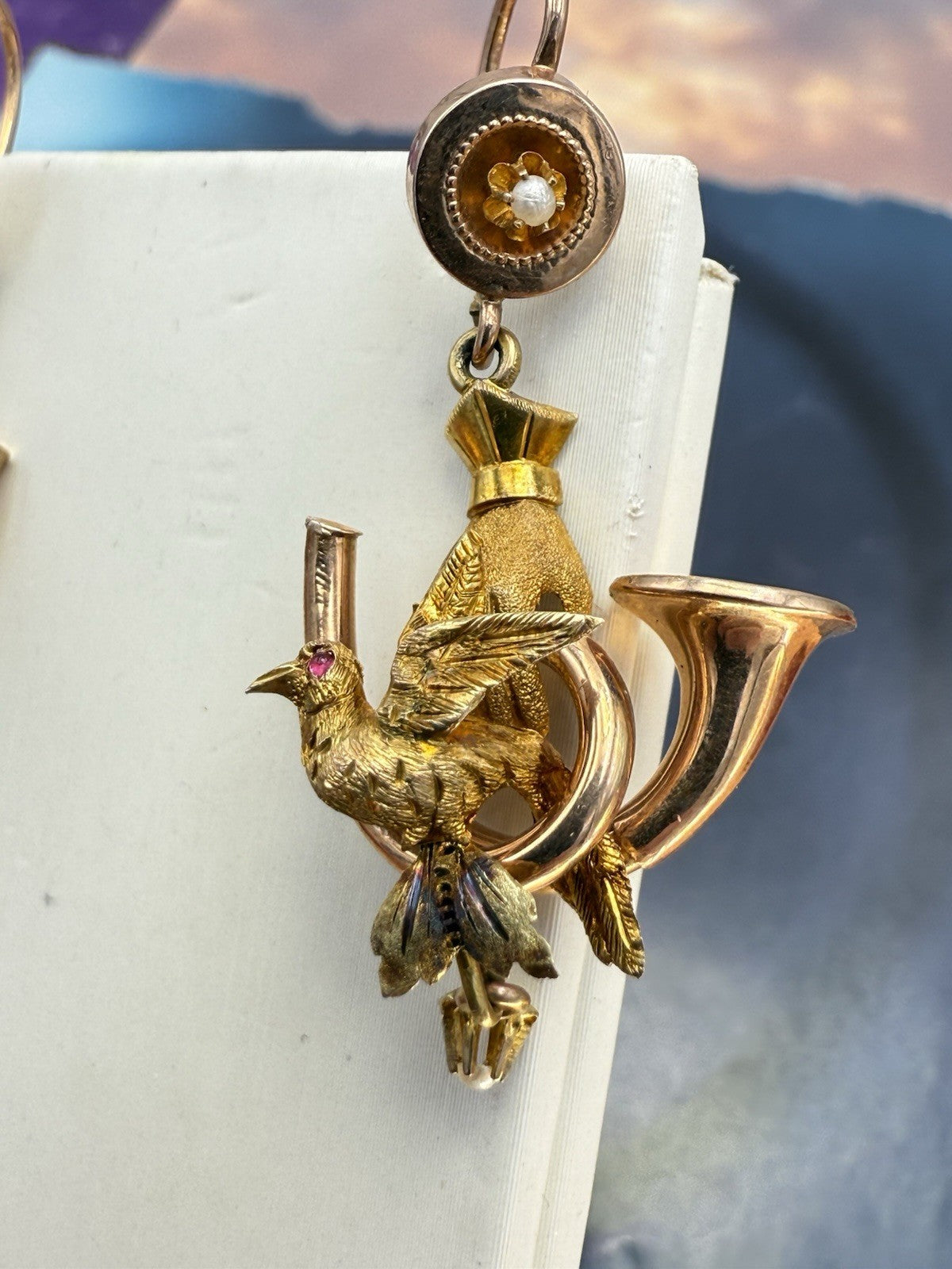 Orecchini antichi in oro 6/7 kt con paste vitree rosse e microperle, fine '800 – foto 15