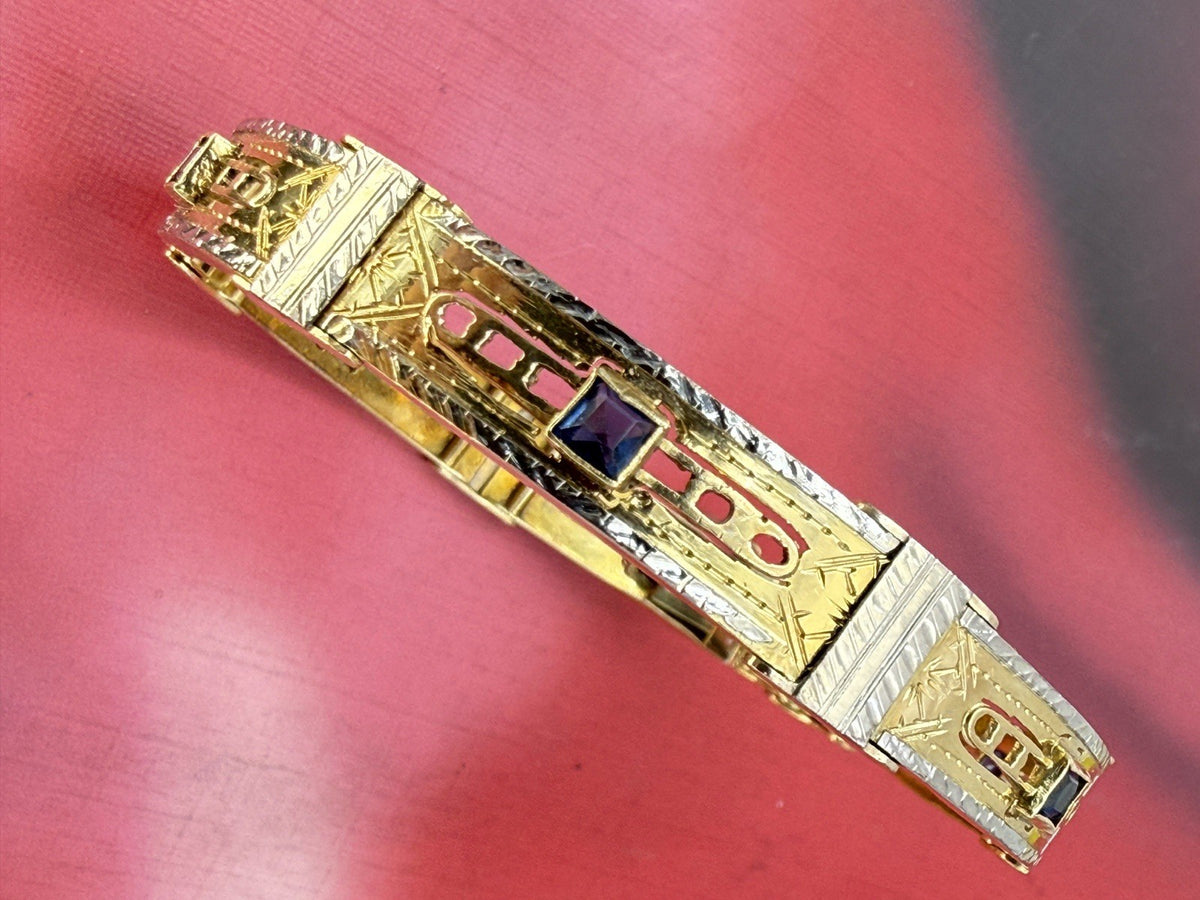 Bracciale antico a moduli in oro bianco e giallo 18 kt con pietre blu – foto 10