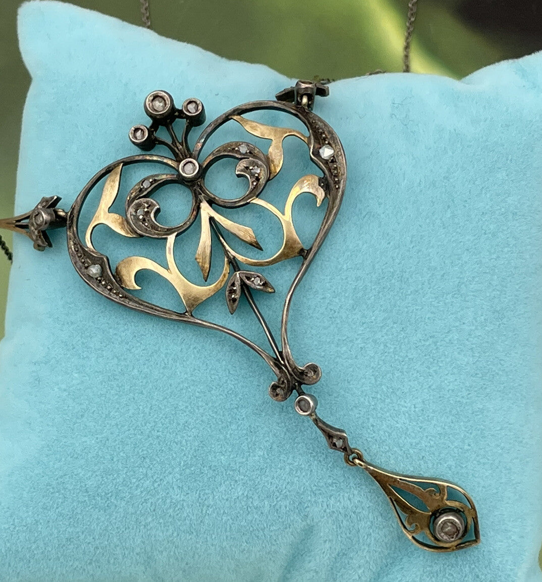 Collana con pendente antico in oro 12 kt, argento e diamanti taglio rosa – foto 7