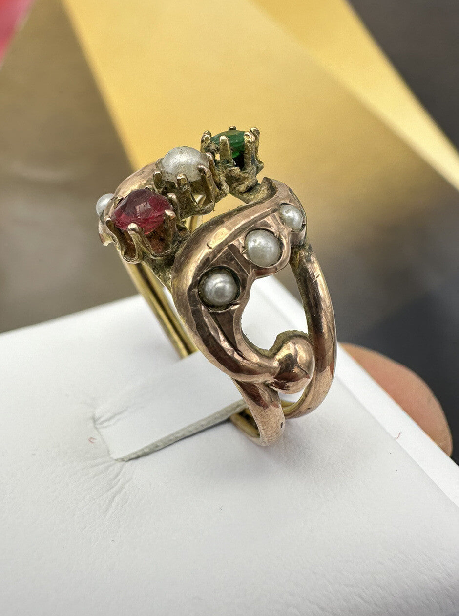 Anello borbonico in oro 6/7 kt con paste vitree e mezza perla, fine '800 – foto 8