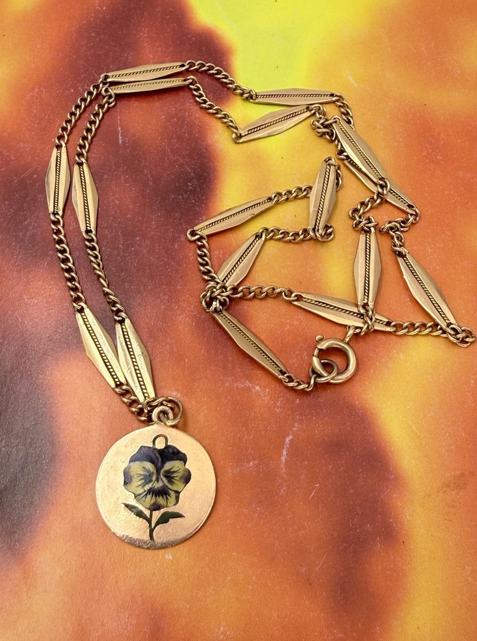 Collana antica in oro 12 kt con ciondolo floreale smaltato viola, inizi '900 – foto 9