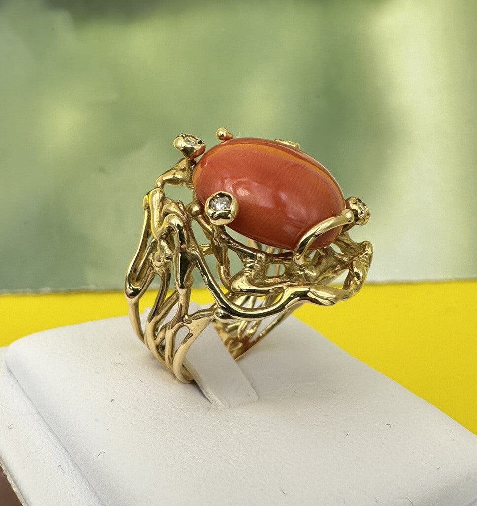 Anello artigianale in oro 18 kt con corallo cerasuolo e brillanti – foto 10