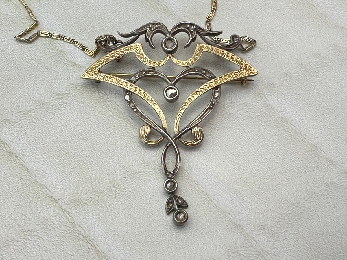 Collana con pendente-spilla antico in oro 12 kt, argento e diamanti, primi '900 – foto 14