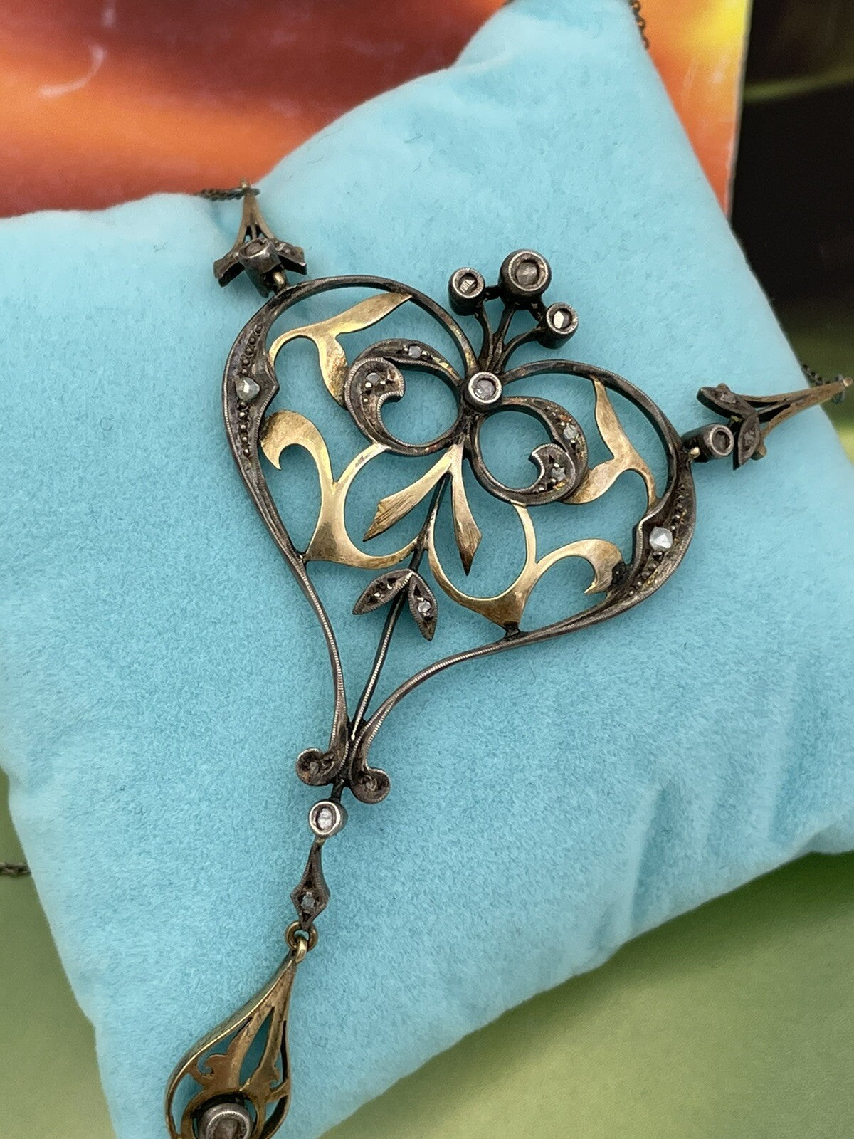 Collana con pendente antico in oro 12 kt, argento e diamanti taglio rosa – foto 2