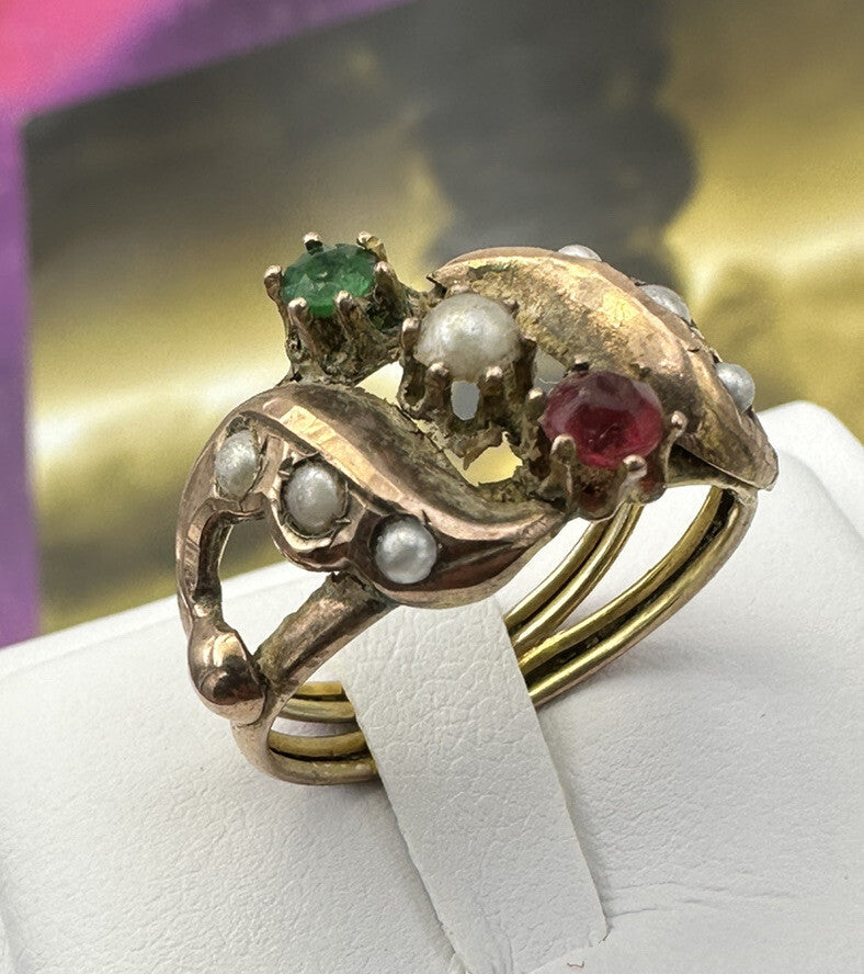 Anello borbonico in oro 6/7 kt con paste vitree e mezza perla, fine '800 – foto 18