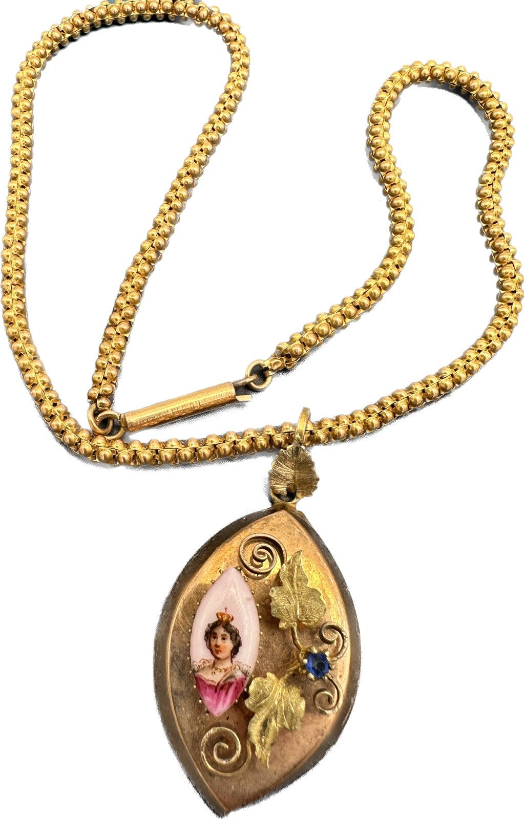 Collana antica in oro 6/7 kt con ciondolo floreale e miniatura su ceramica