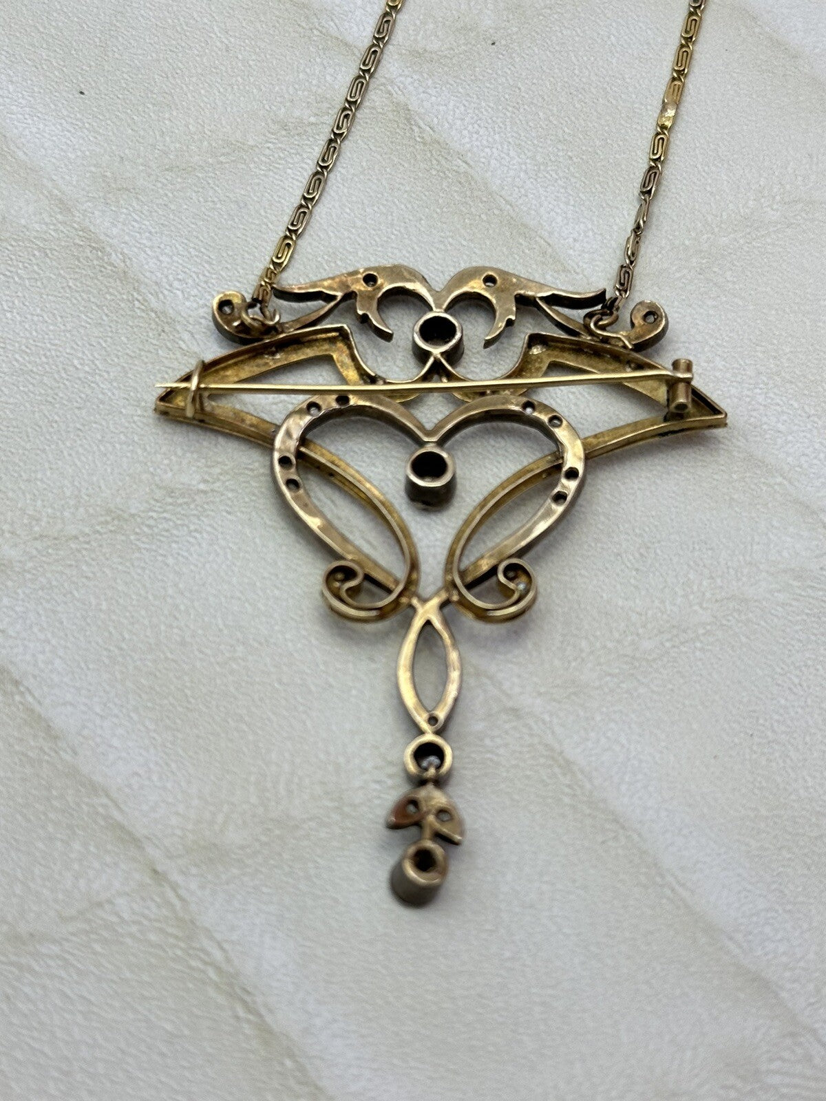 Collana con pendente-spilla antico in oro 12 kt, argento e diamanti, primi '900 – foto 13