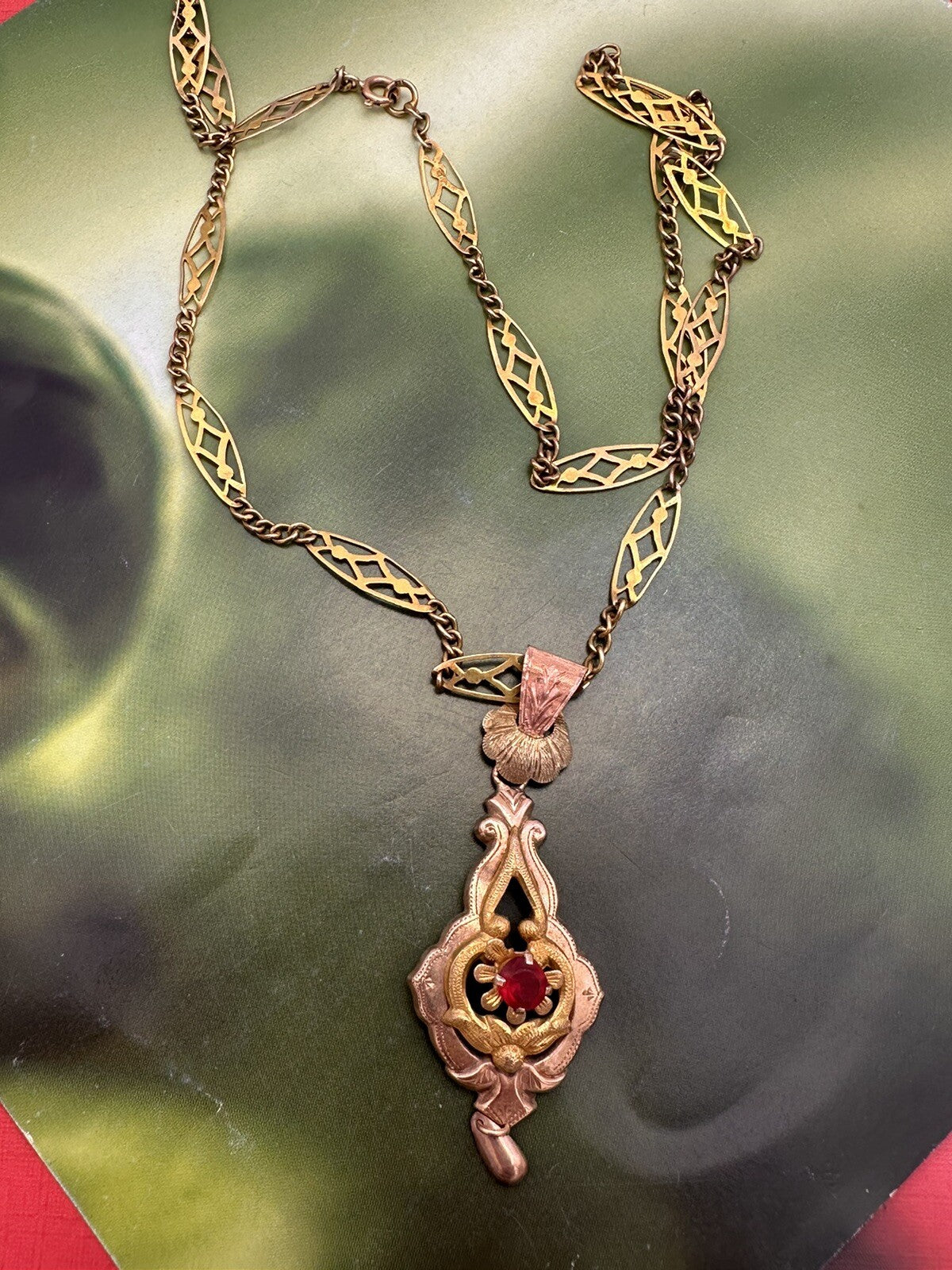 Collana antica in oro 6/7 kt con ciondolo e pietra rossa, inizi '900 – foto 11
