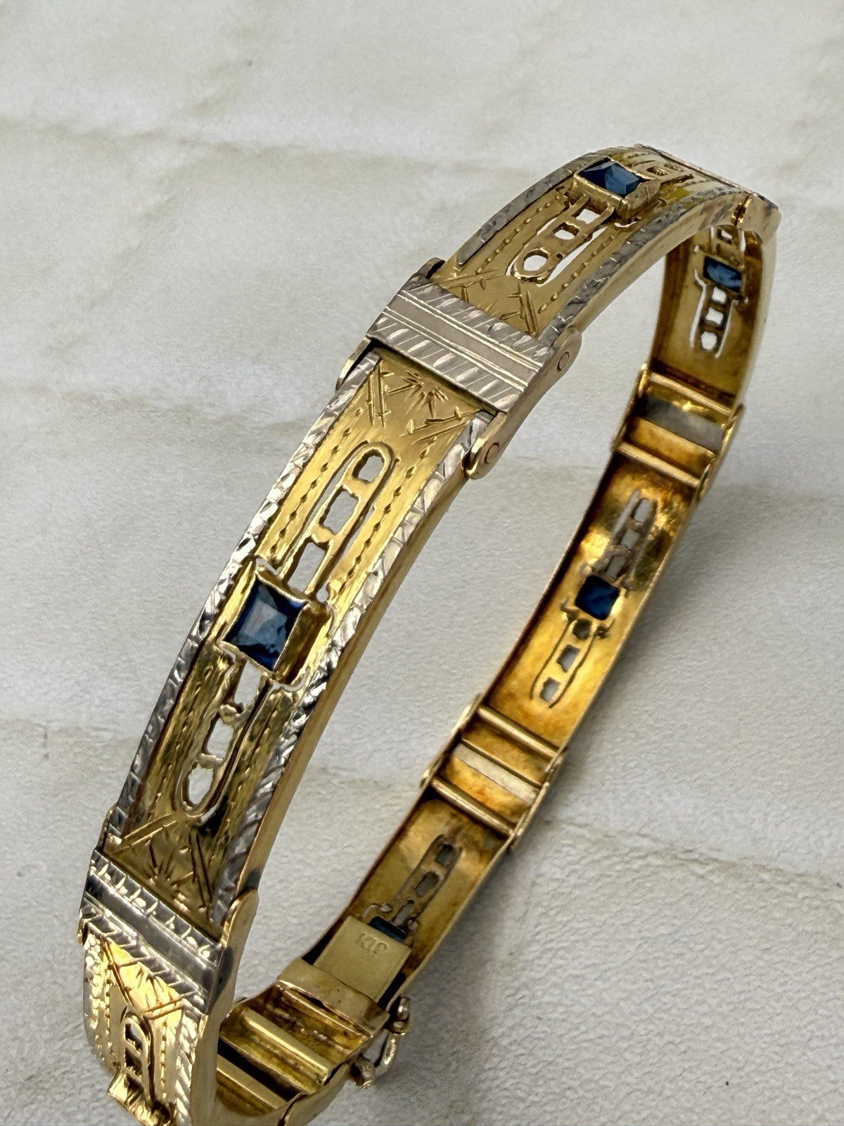 Bracciale antico a moduli in oro bianco e giallo 18 kt con pietre blu – foto 17