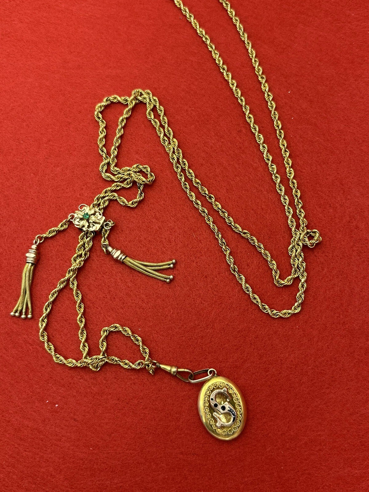 Collana saliscendi borbonica in oro 6/7 kt con pendente S e pietra verde – foto 4