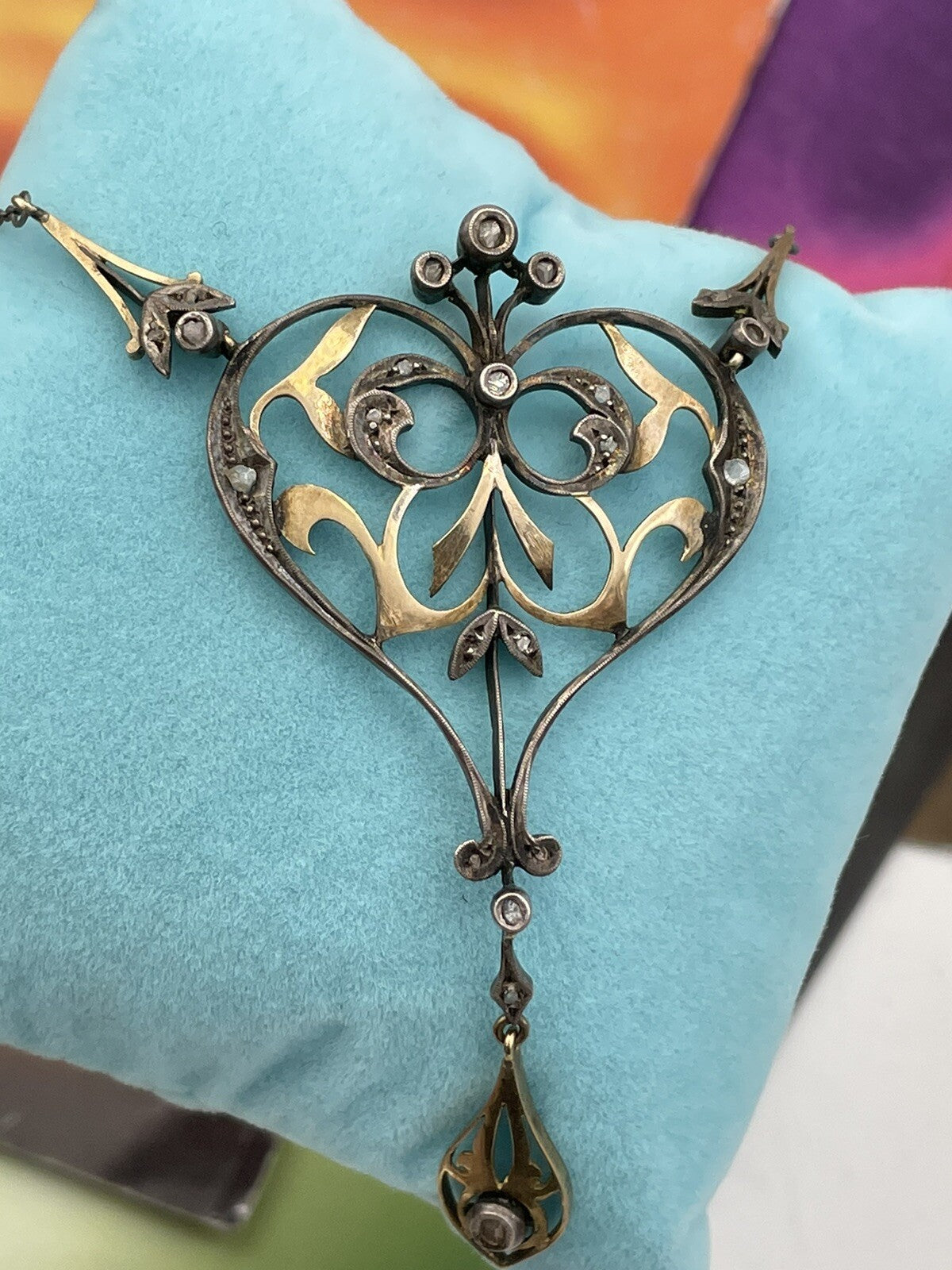 Collana con pendente antico in oro 12 kt, argento e diamanti taglio rosa – foto 14