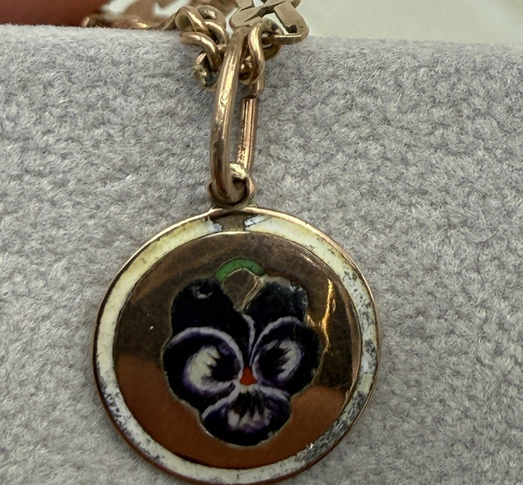 Collana antica in oro 9 kt con ciondolo floreale smaltato viola, inizi '900 – foto 6