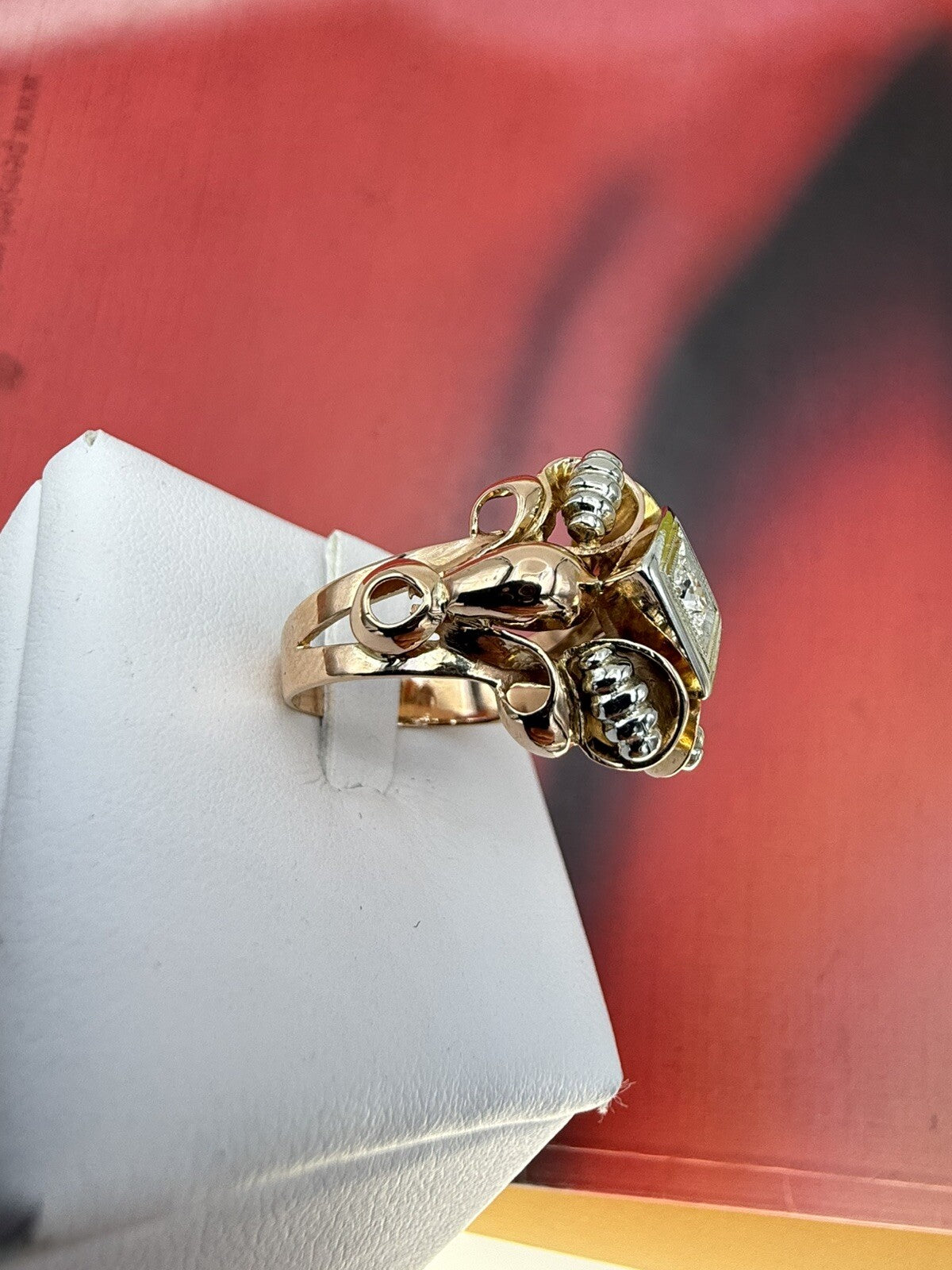 Anello vintage in oro rosso 18 kt con brillante da 0,15 ct, anni '50 – foto 9