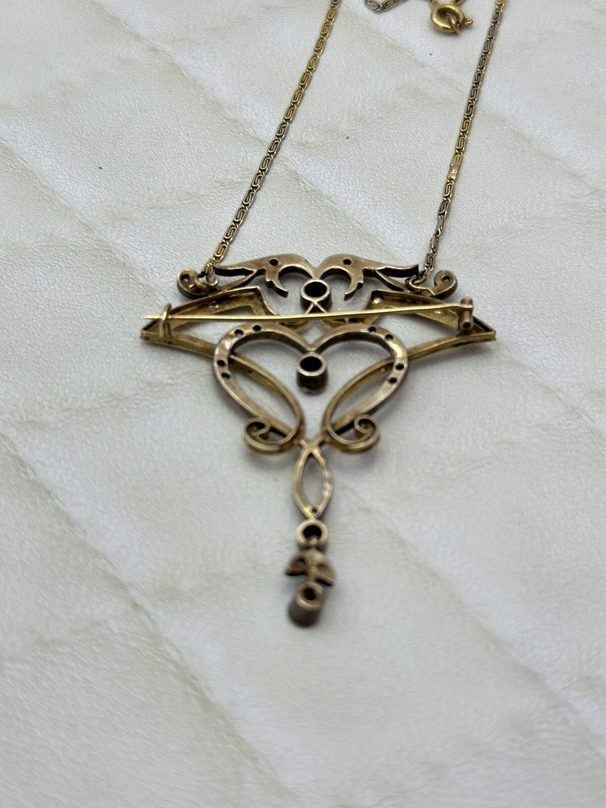 Collana con pendente-spilla antico in oro 12 kt, argento e diamanti, primi '900 – foto 12