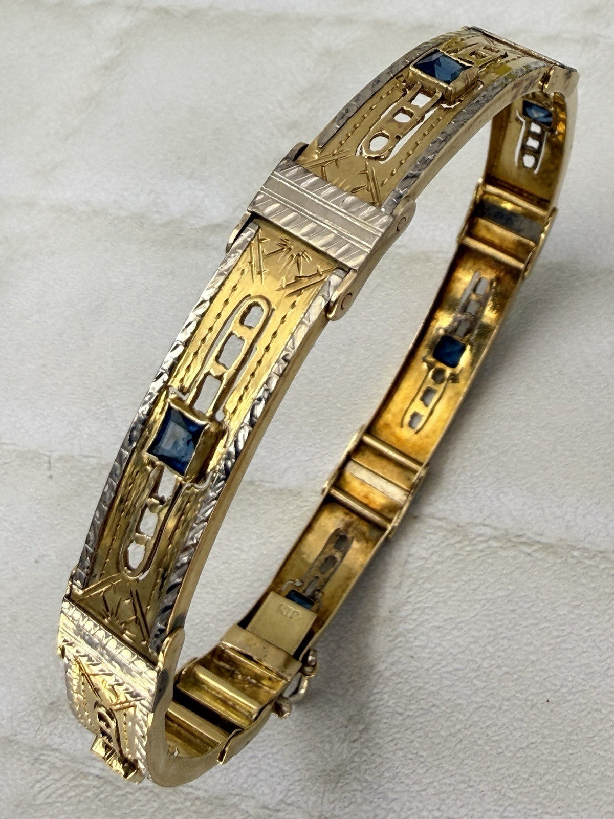 Bracciale antico a moduli in oro bianco e giallo 18 kt con pietre blu – foto 15