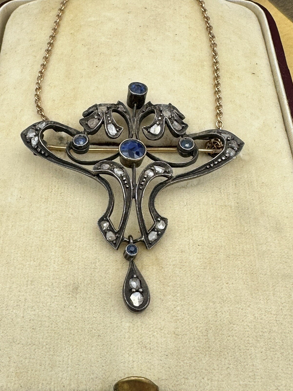 Spilla pendente antica in argento e oro con zaffiri e diamanti, inizi '900 – foto 6