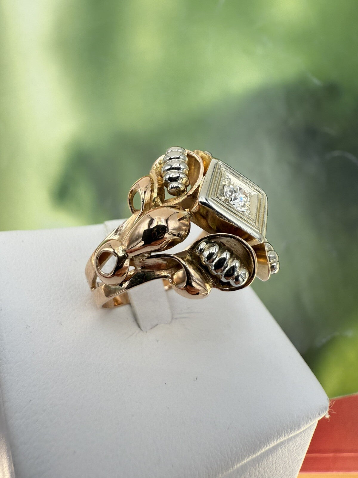 Anello vintage in oro rosso 18 kt con brillante da 0,15 ct, anni '50 – foto 14