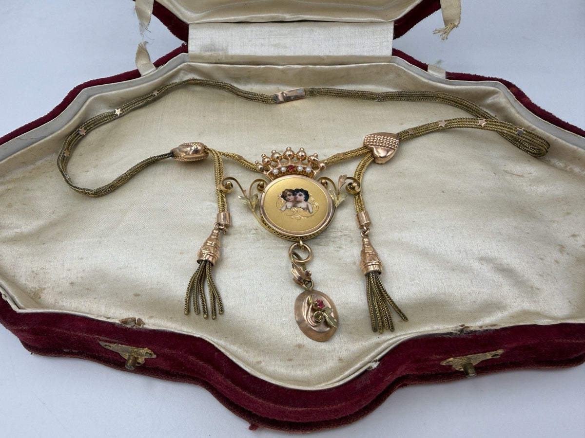 Collana antica in oro 6/7 kt con smalti, microperle e nappe, fine '800 – foto 4