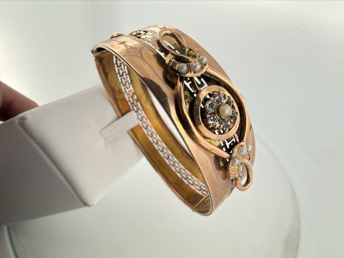 Bracciale a fascia antico in oro 6/7 kt con paste vitree e microperle – foto 5