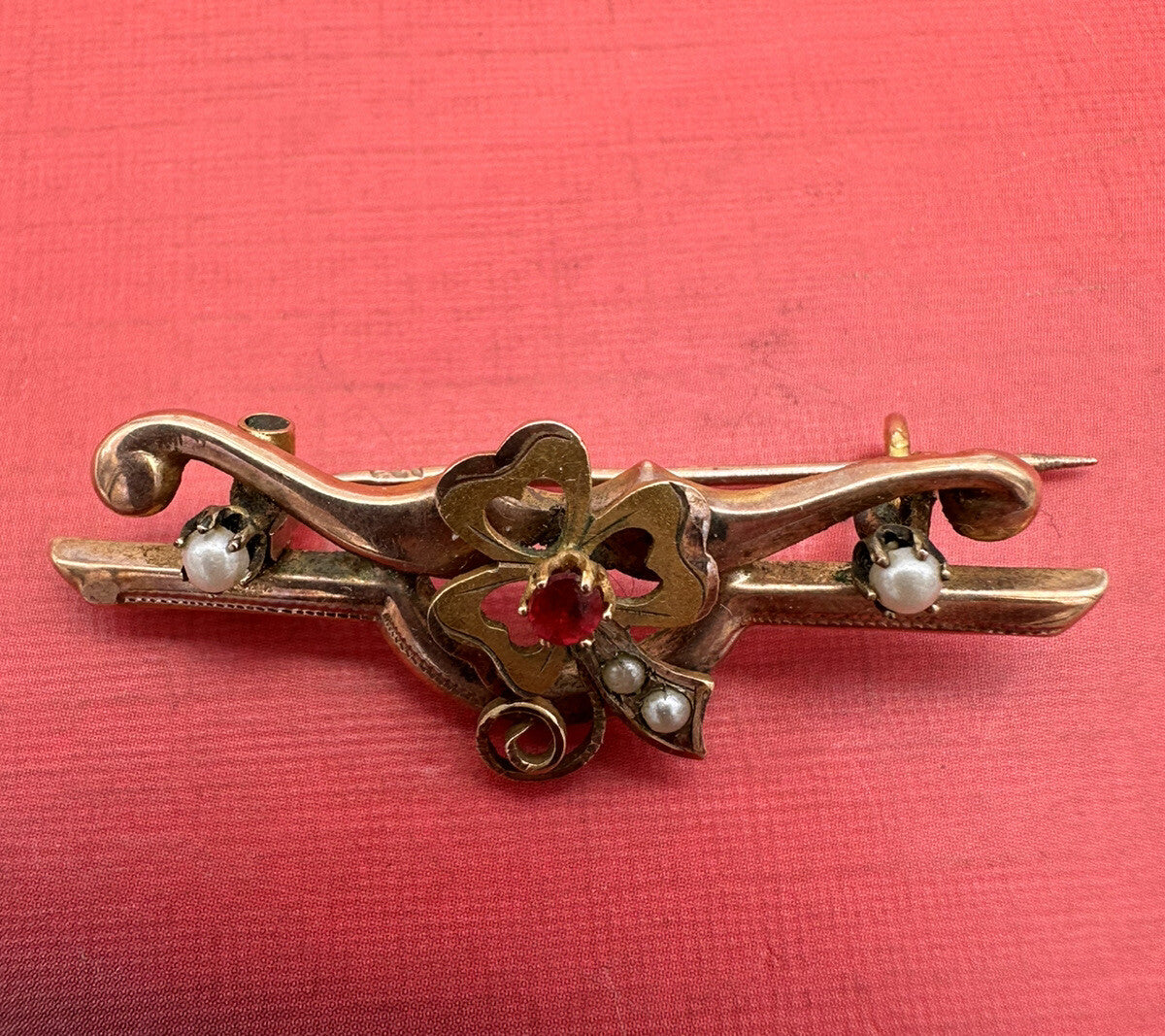 Spilla antica in oro rosso 6/7 kt con perle e pietra rossa, fine '800 – foto 7