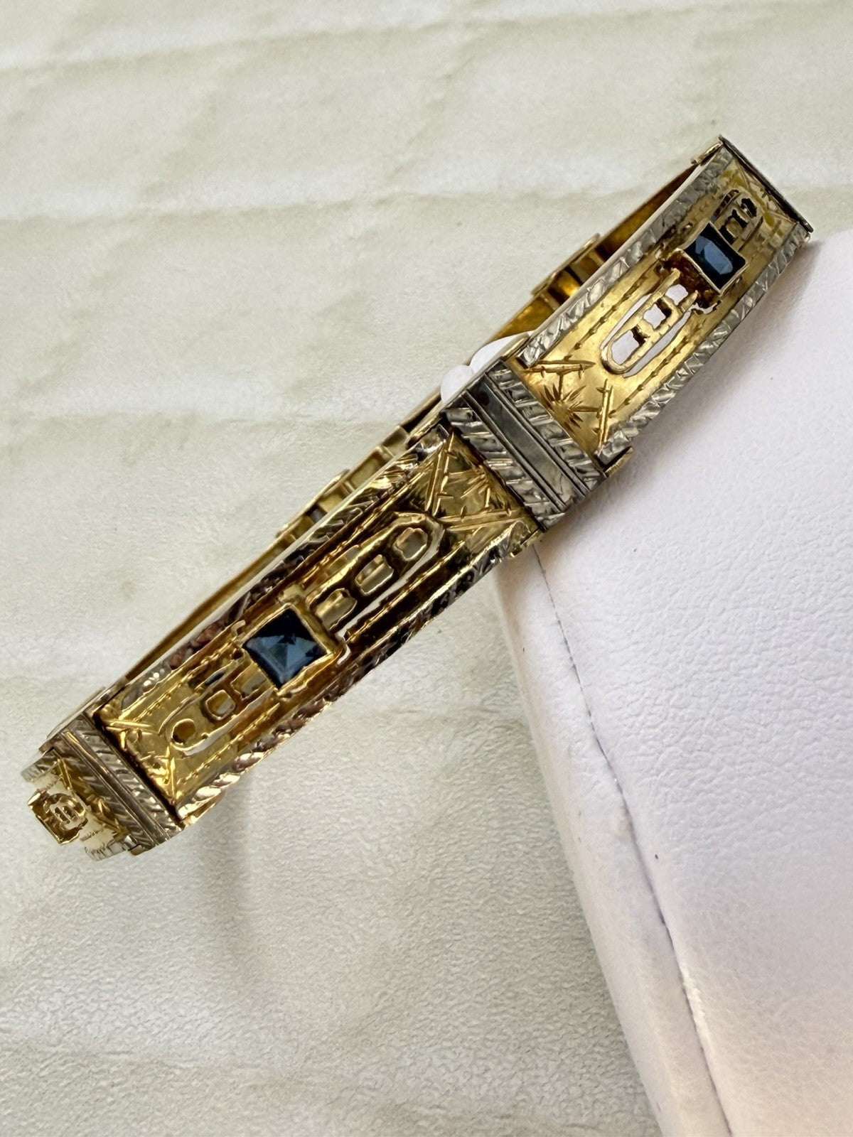 Bracciale antico a moduli in oro bianco e giallo 18 kt con pietre blu – foto 8