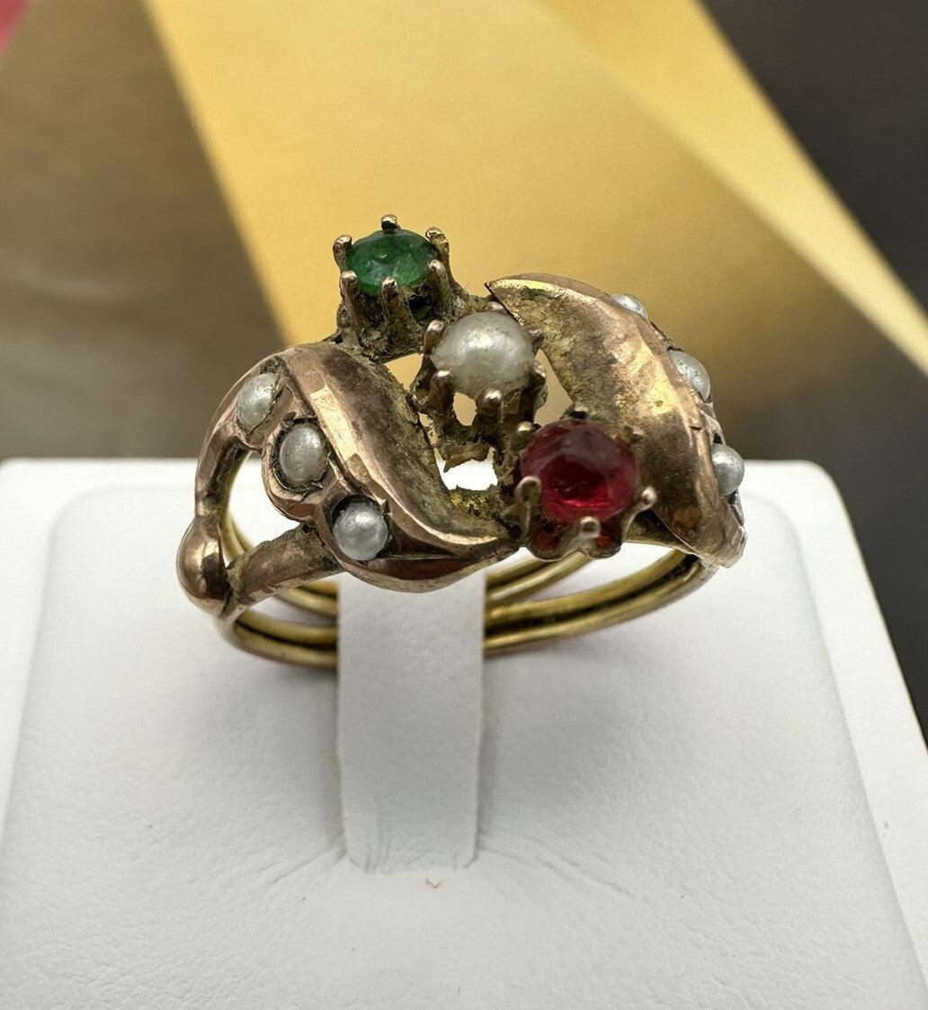 Anello borbonico in oro 6/7 kt con paste vitree e mezza perla, fine '800 – foto 5