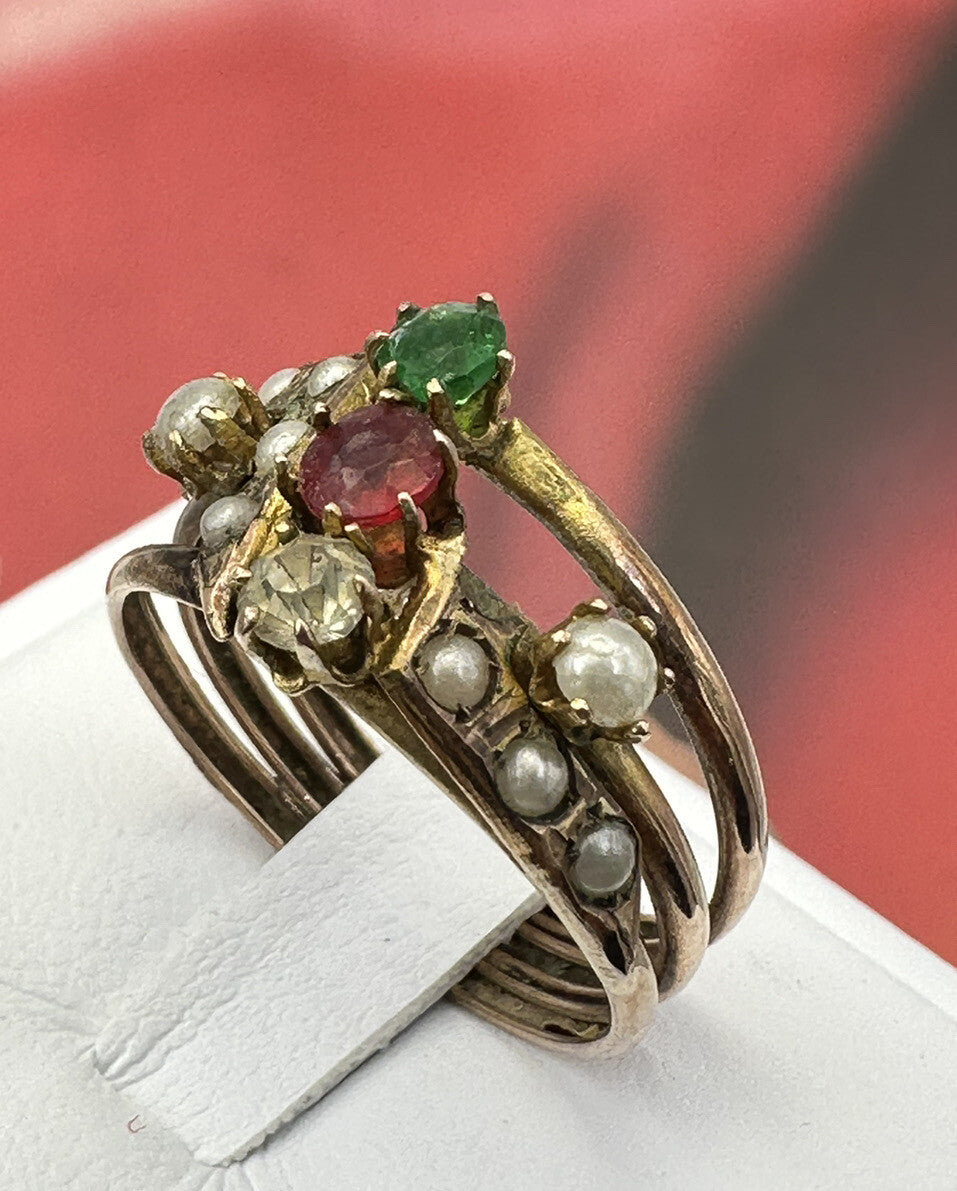 Anello borbonico in oro 6/7 kt con paste vitree e microperle, fine '800 – foto 13