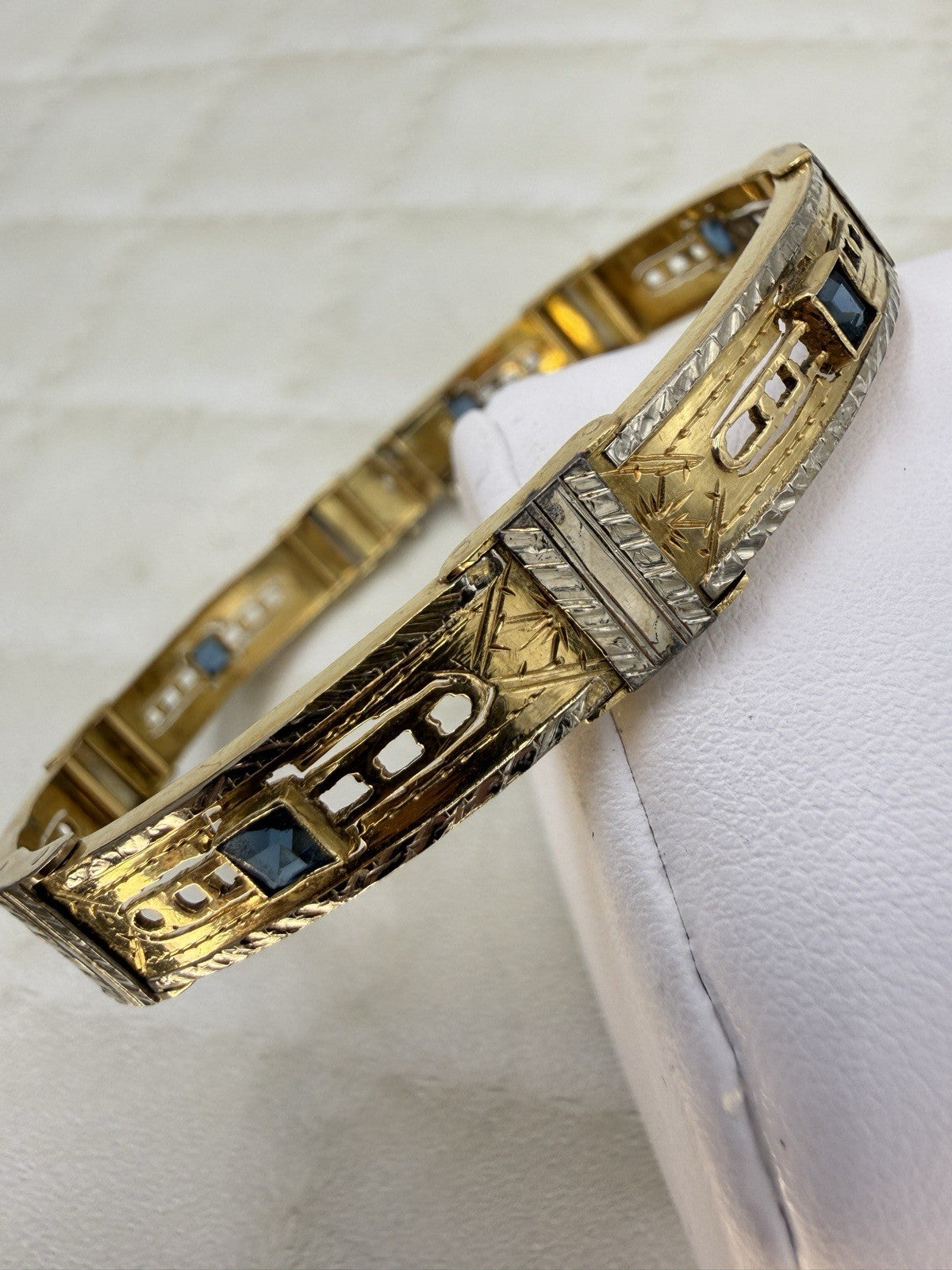 Bracciale antico a moduli in oro bianco e giallo 18 kt con pietre blu – foto 2