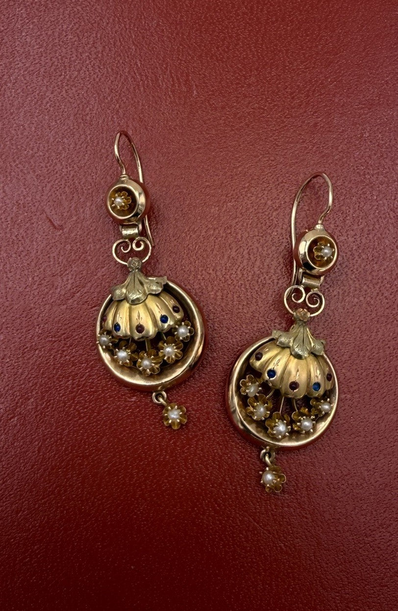 Orecchini borbonici in oro 6/7 kt con paste vitree rosse e blu e microperle – foto 5