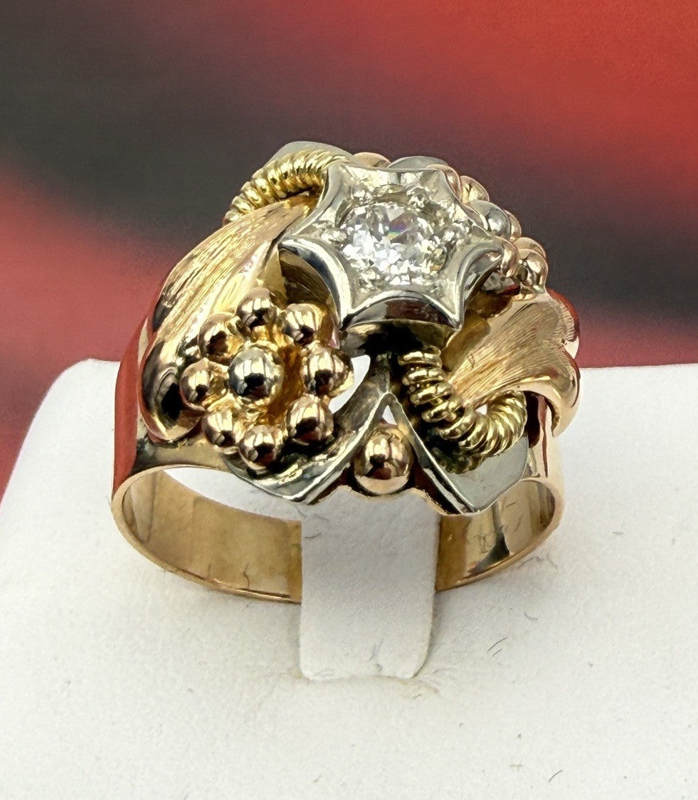 Anello vintage in oro rosso 18 kt con diamante taglio antico, anni '50
