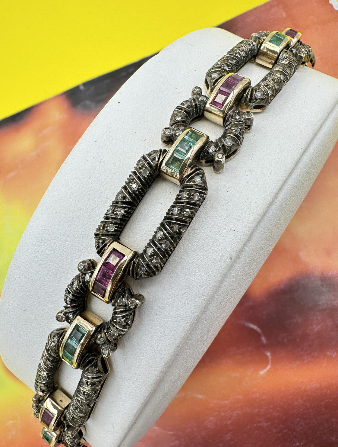 Bracciale vintage in oro 12 kt e argento con diamanti, rubini e smeraldi – foto 7