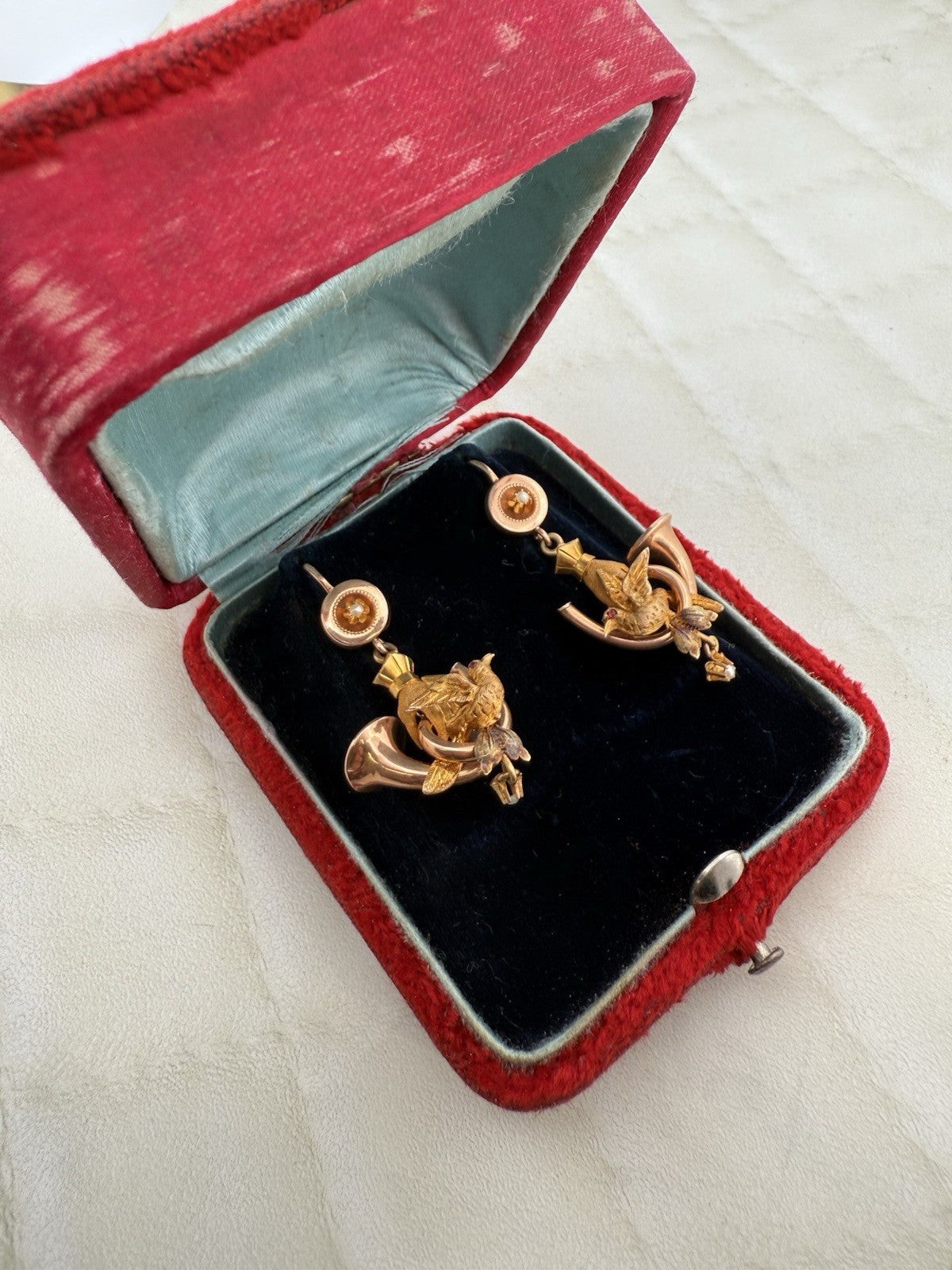 Orecchini antichi in oro 6/7 kt con paste vitree rosse e microperle, fine '800 – foto 20