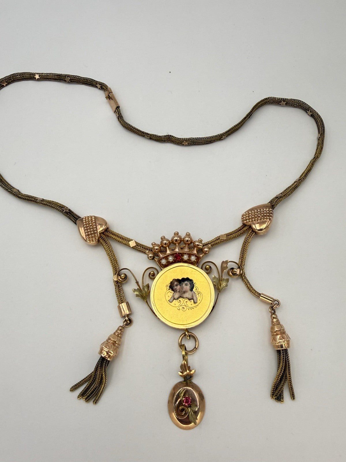 Collana antica in oro 6/7 kt con smalti, microperle e nappe, fine '800 – foto 10