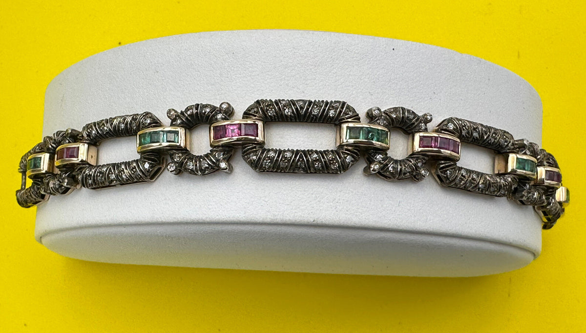 Bracciale vintage in oro 12 kt e argento con diamanti, rubini e smeraldi – foto 11