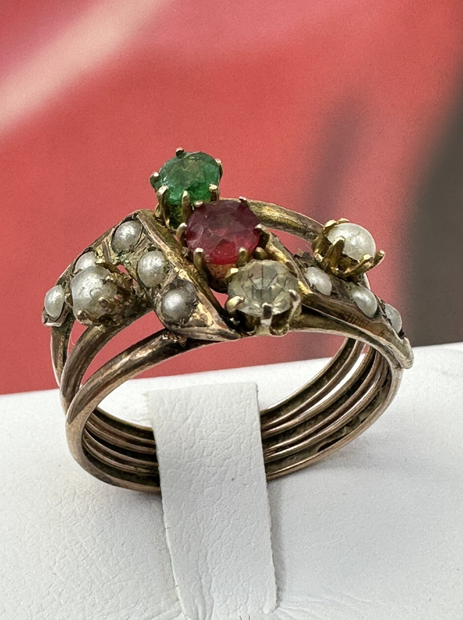 Anello borbonico in oro 6/7 kt con paste vitree e microperle, fine '800 – foto 3