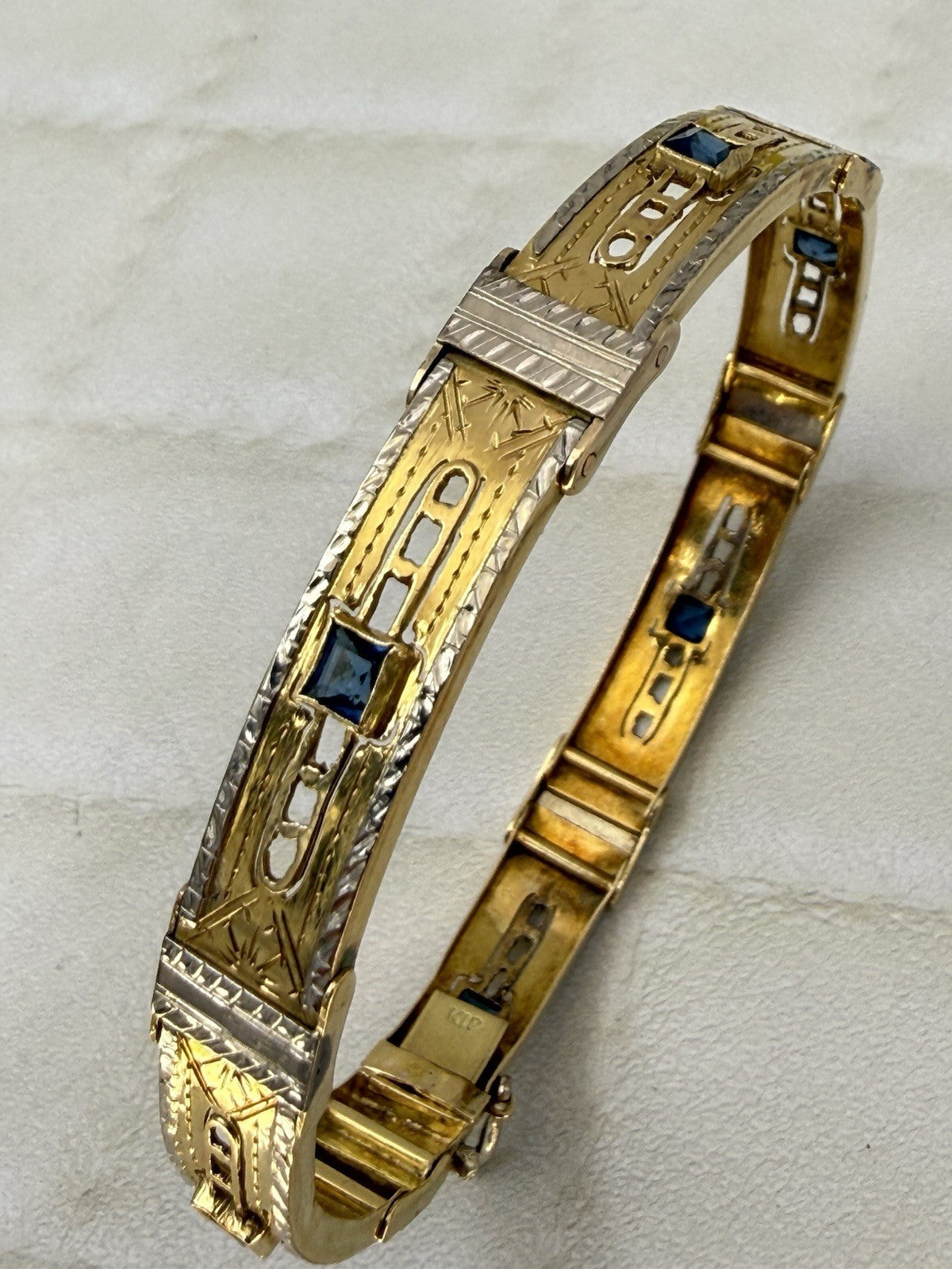 Bracciale antico a moduli in oro bianco e giallo 18 kt con pietre blu – foto 19
