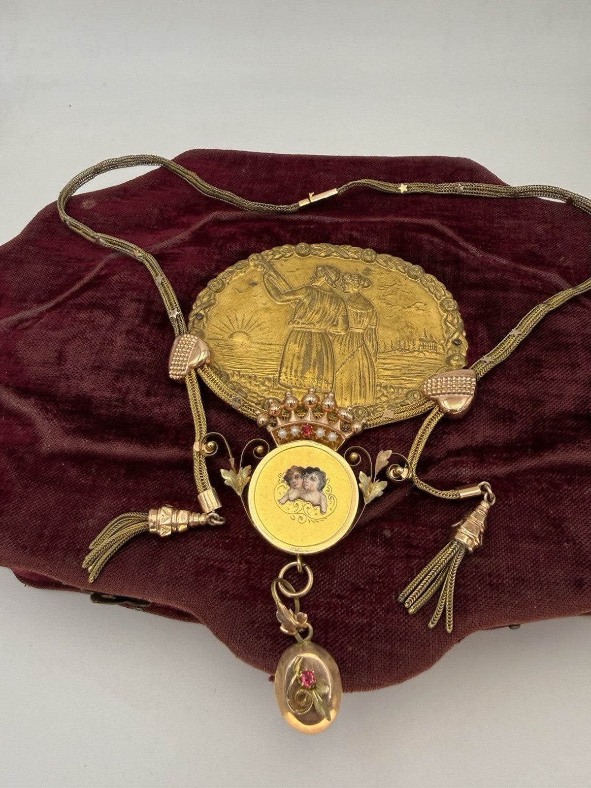 Collana antica in oro 6/7 kt con smalti, microperle e nappe, fine '800 – foto 7
