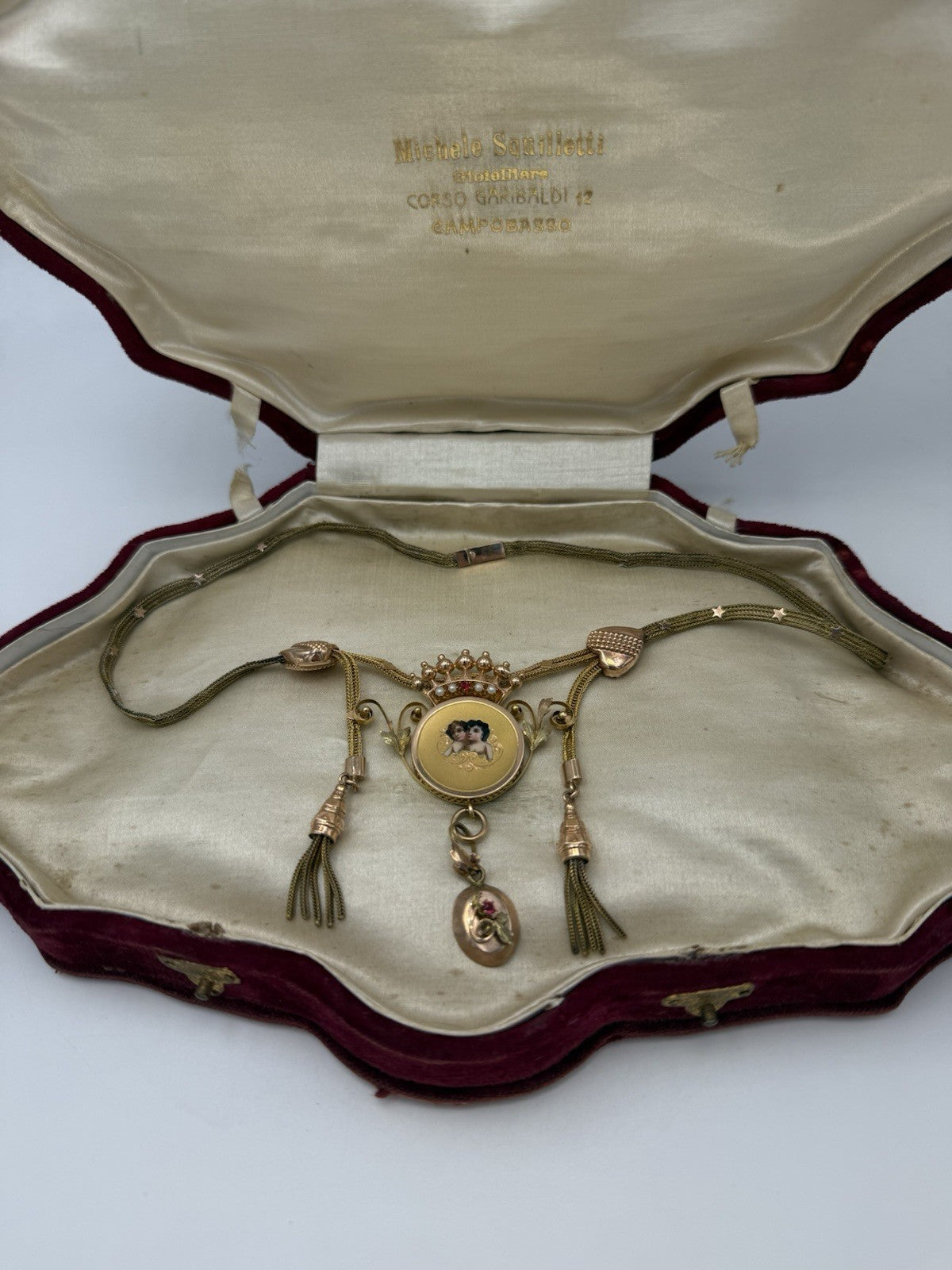 Collana antica in oro 6/7 kt con smalti, microperle e nappe, fine '800 – foto 9