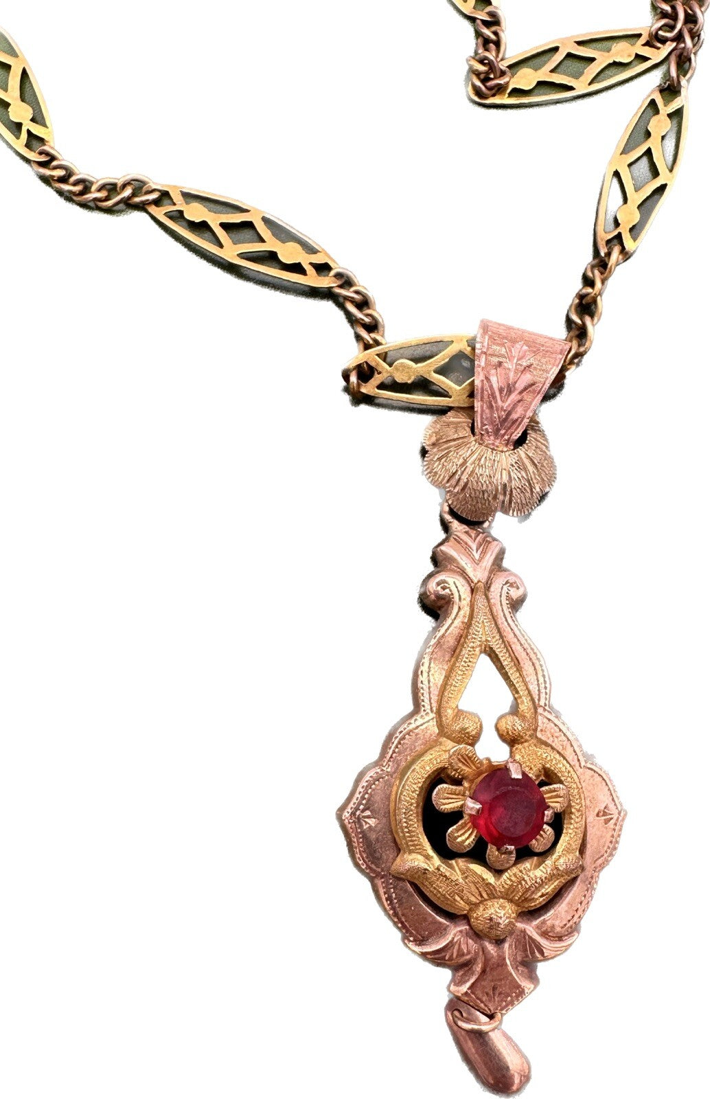 Collana antica in oro 6/7 kt con ciondolo e pietra rossa, inizi '900 – foto 3