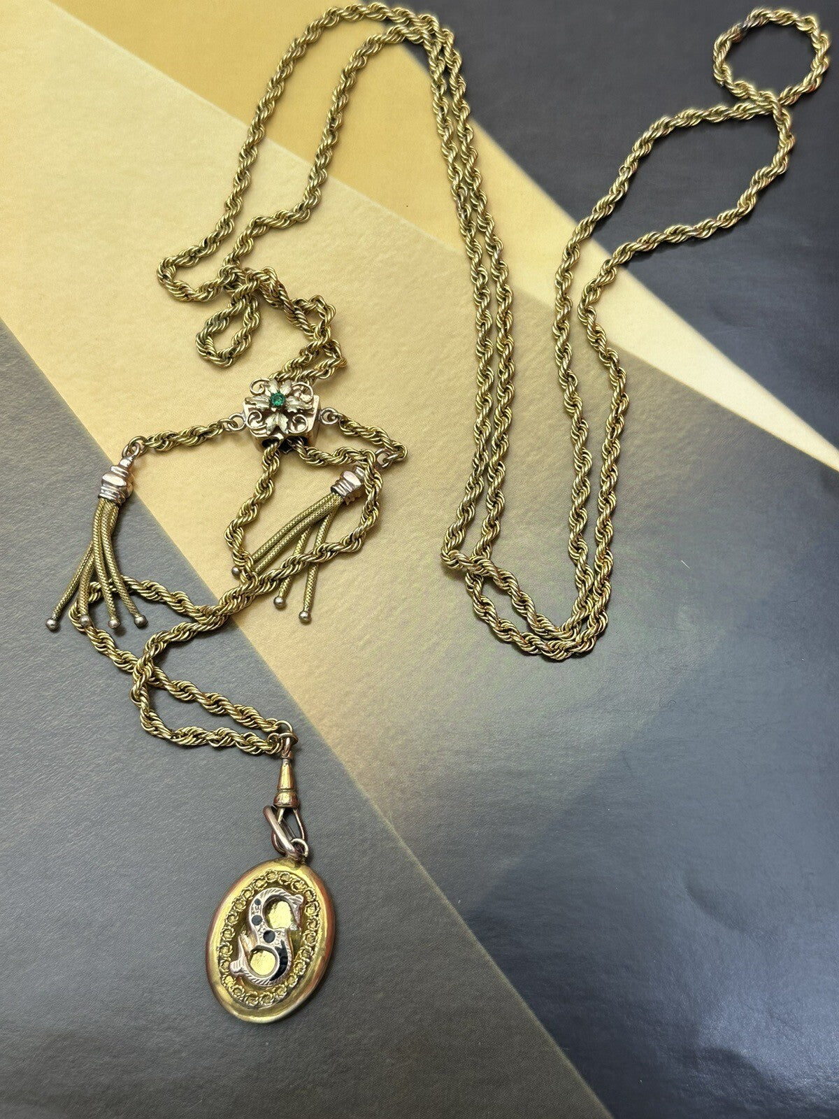 Collana saliscendi borbonica in oro 6/7 kt con pendente S e pietra verde – foto 16