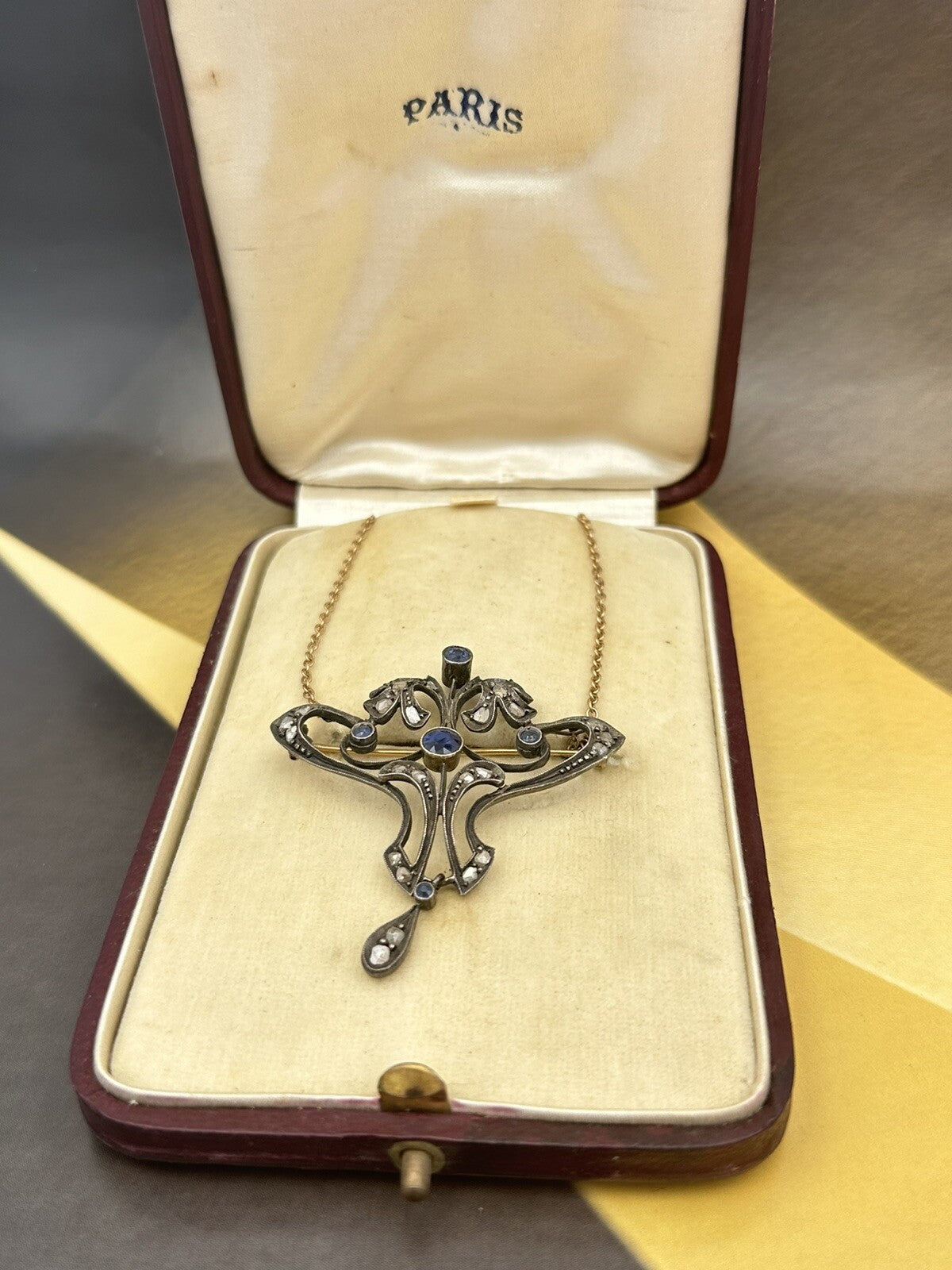 Spilla pendente antica in argento e oro con zaffiri e diamanti, inizi '900 – foto 2