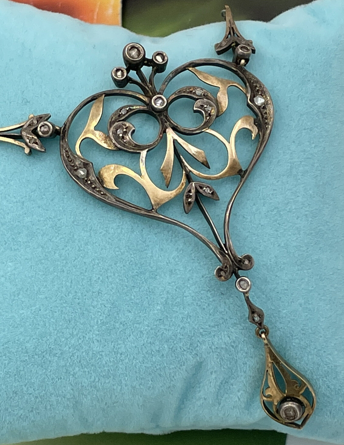 Collana con pendente antico in oro 12 kt, argento e diamanti taglio rosa – foto 5