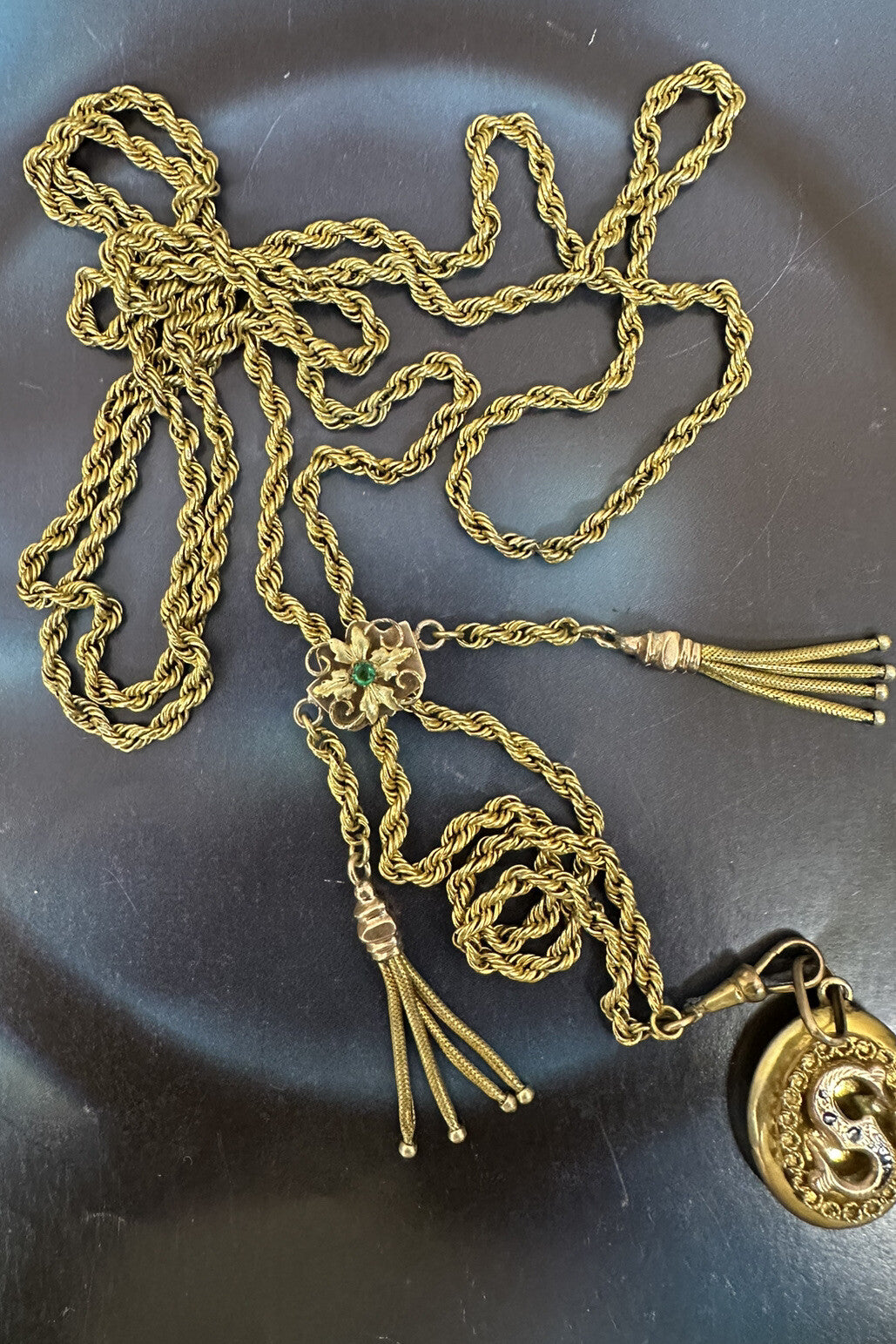 Collana saliscendi borbonica in oro 6/7 kt con pendente S e pietra verde – foto 12