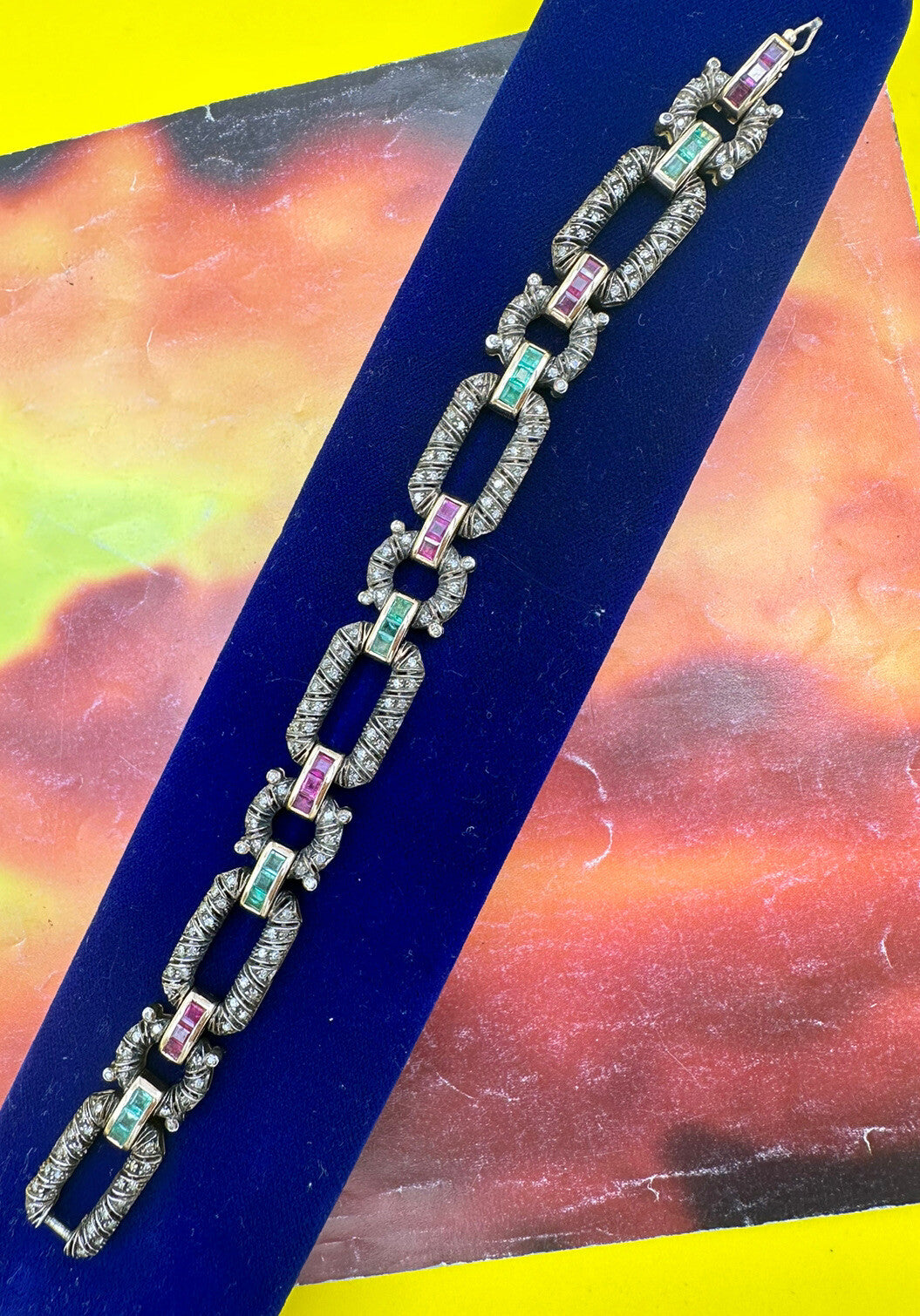 Bracciale vintage in oro 12 kt e argento con diamanti, rubini e smeraldi – foto 6