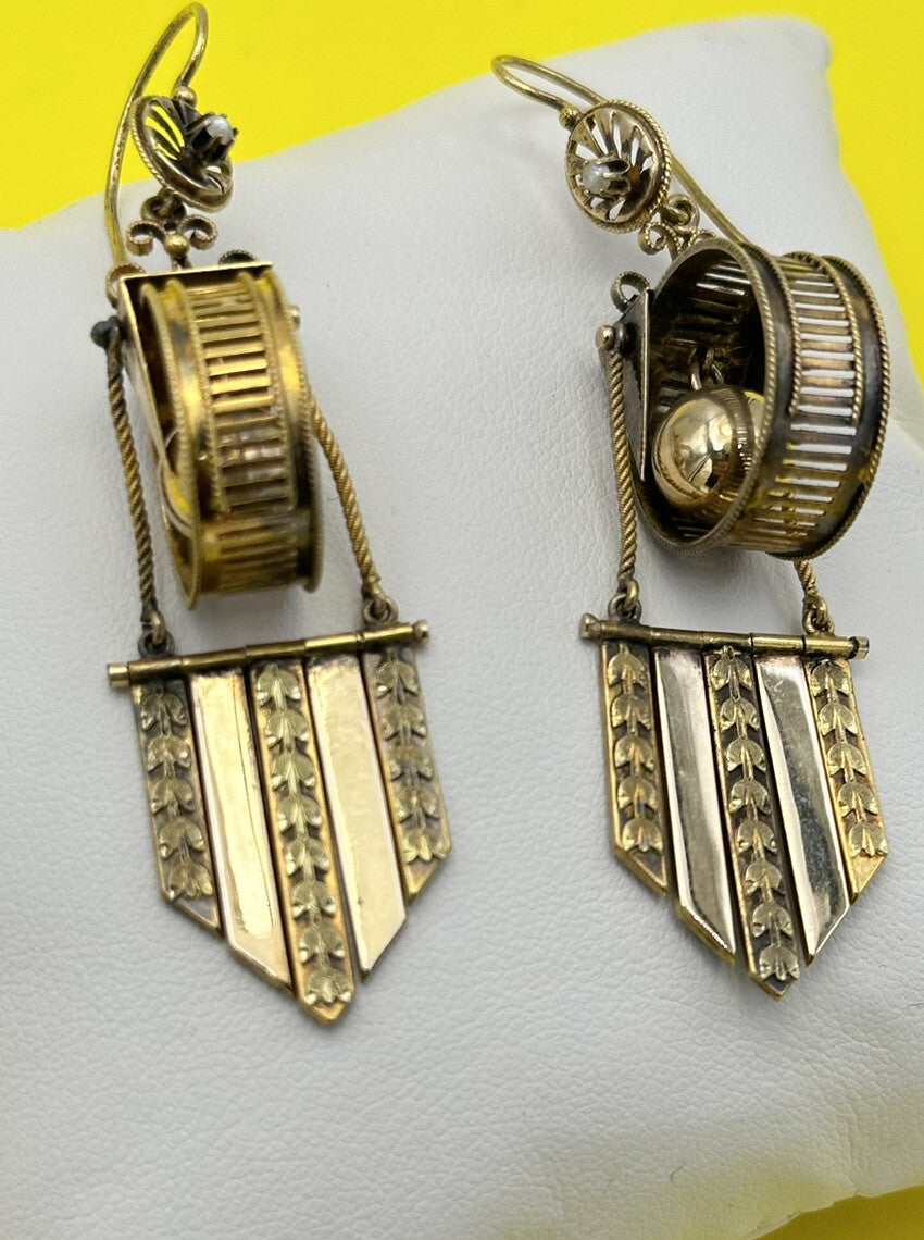 Orecchini antichi a frange in oro rosso 12 kt con sfere e microperle – foto 12