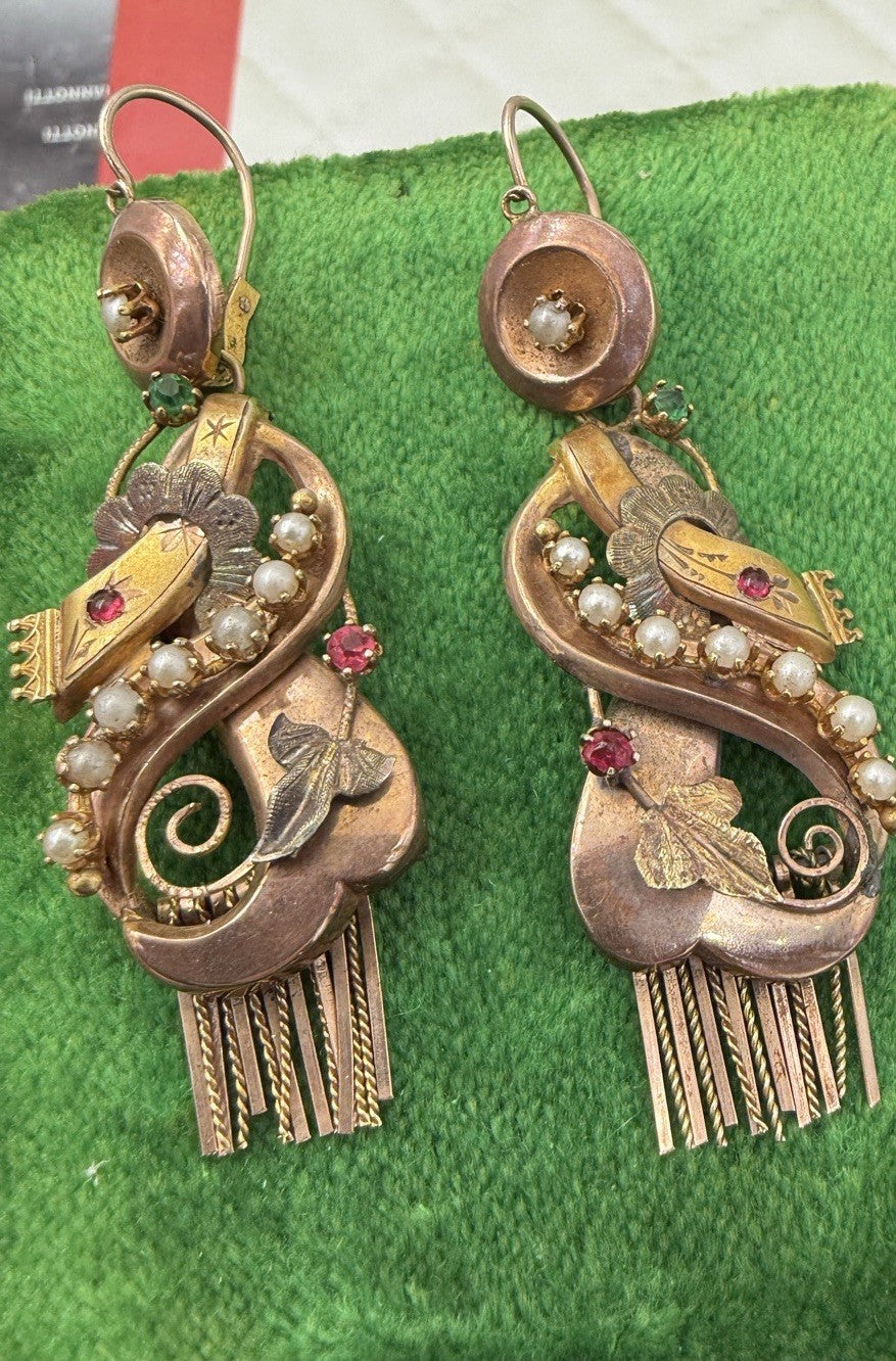 Orecchini borbonici a frange in oro 6/7 kt con paste vitree e microperle – foto 3