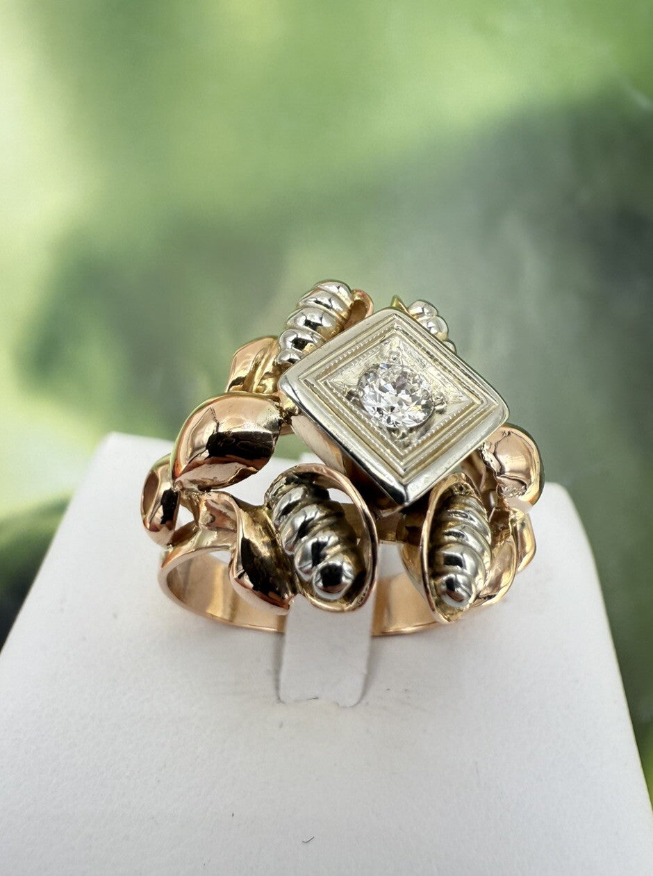 Anello vintage in oro rosso 18 kt con brillante da 0,15 ct, anni '50 – foto 15
