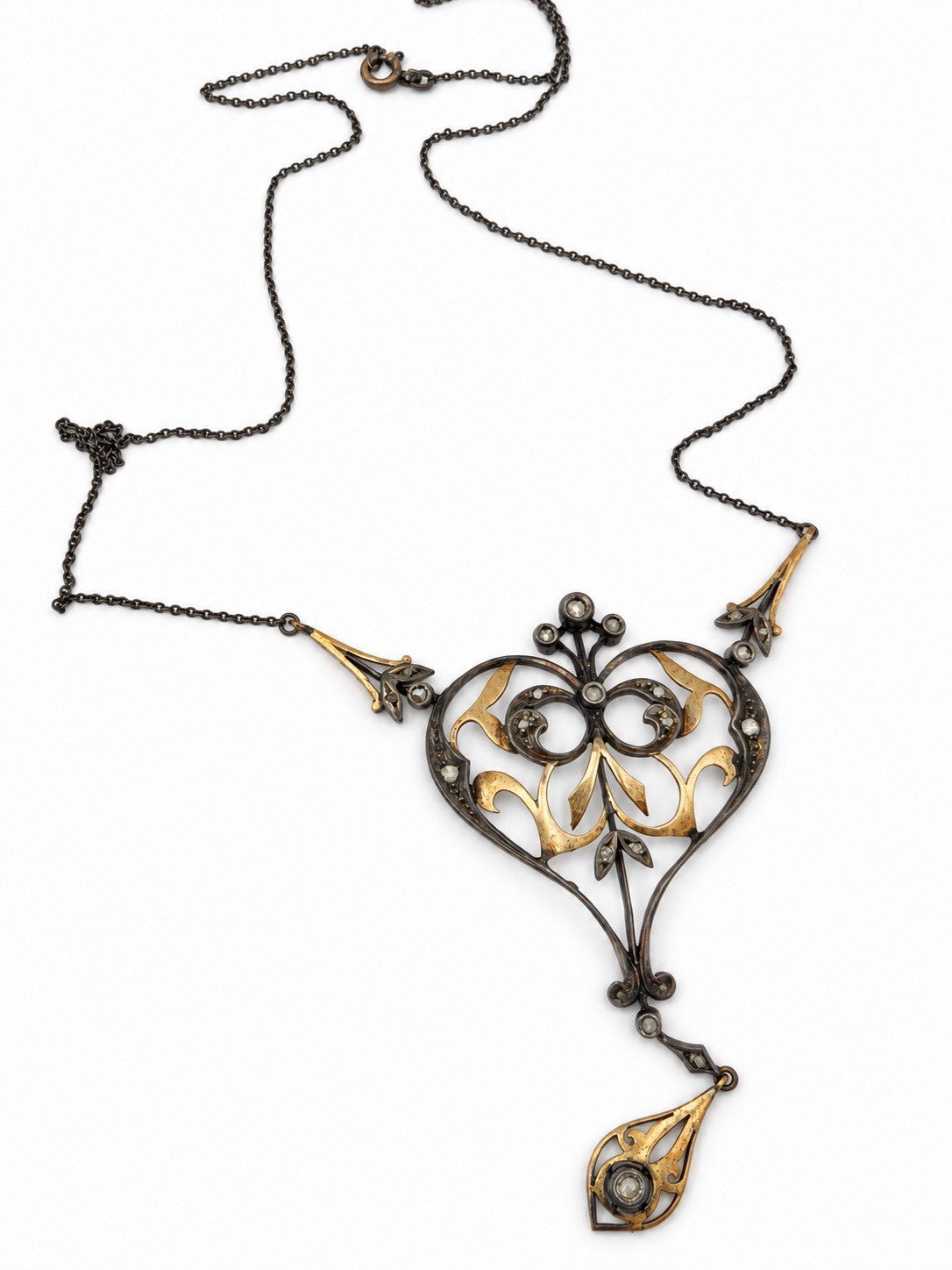 Collana con pendente antico in oro 12 kt, argento e diamanti taglio rosa – foto 15