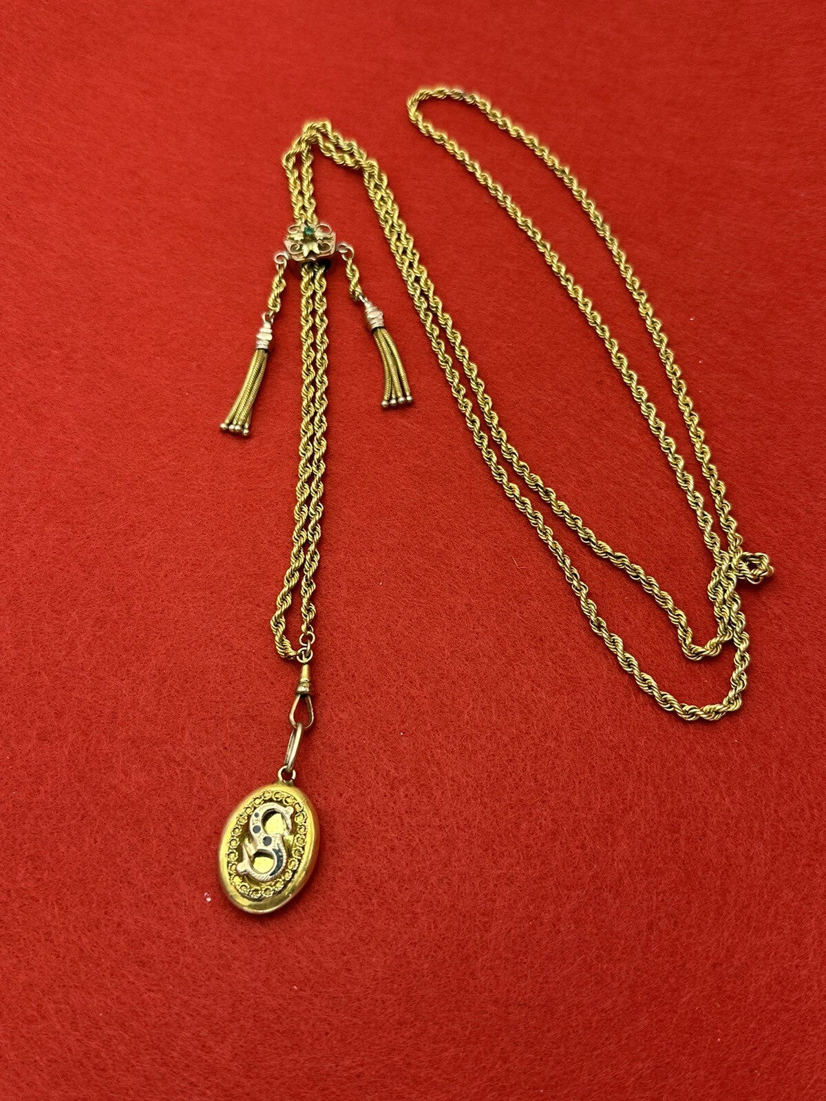 Collana saliscendi borbonica in oro 6/7 kt con pendente S e pietra verde – foto 5