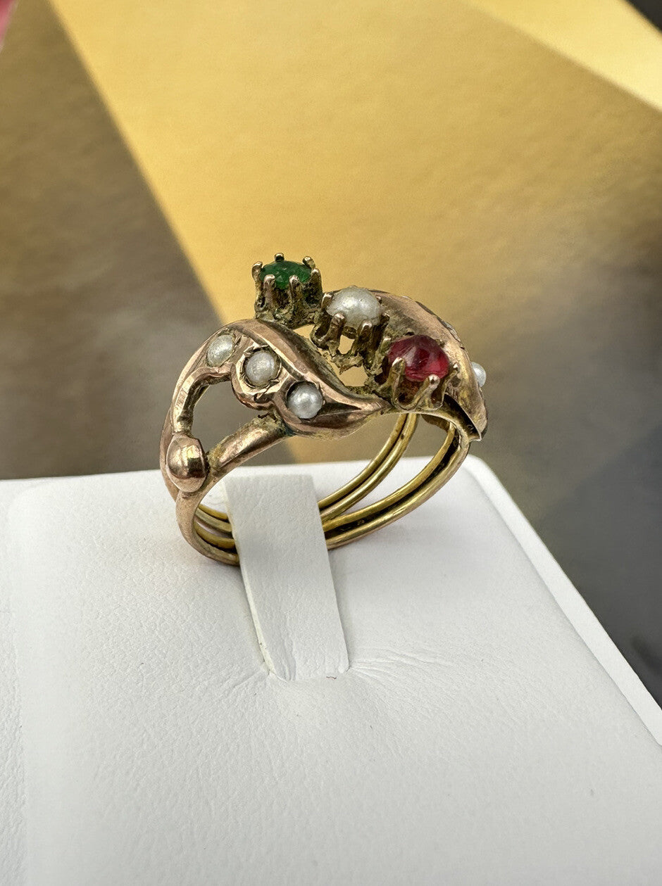 Anello borbonico in oro 6/7 kt con paste vitree e mezza perla, fine '800 – foto 6